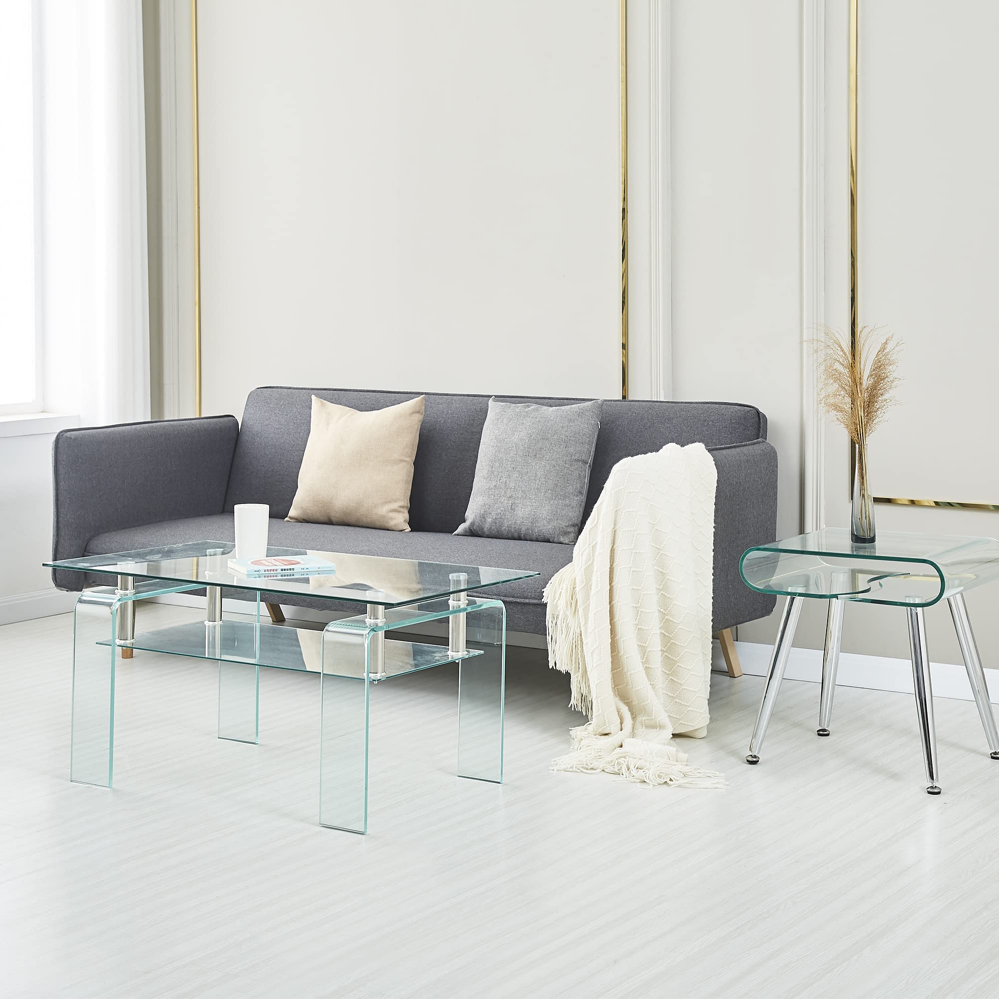 Modern Clear Glass Coffee Table with Storage Shelf - Rectangle Living Room Side Table for Small Spaces, Easy to Clean - Perfect for Home Decor, Apartment Furniture & Office Waiting Areas