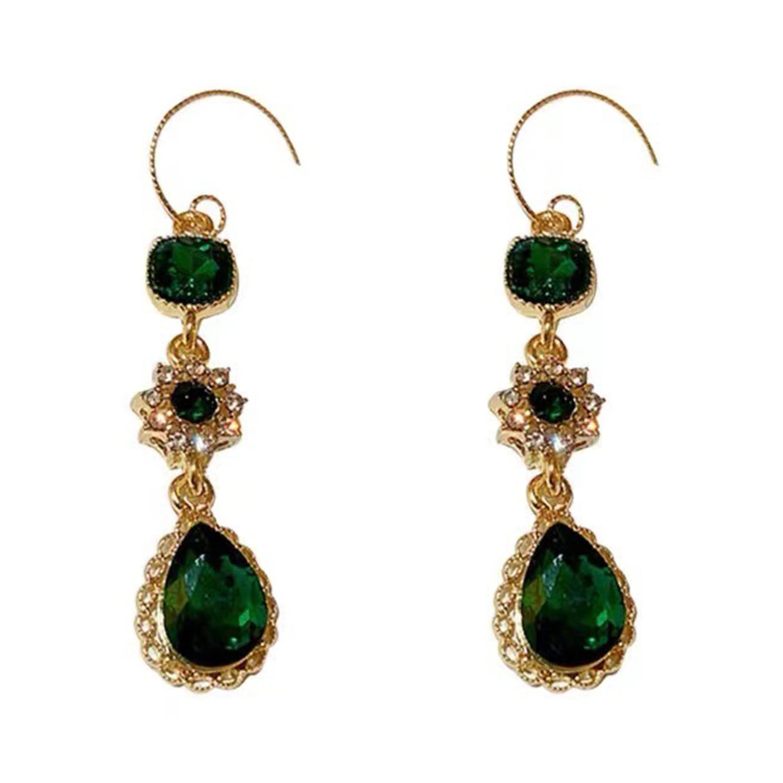 Emerald Flower Drop Dangle Earrings for Women - Long Water Drop Earrings with Hook Tassel, Eye-catching Jewelry Gift for Girls (1 Pair) - Perfect for Parties, Weddings & Special Occasions