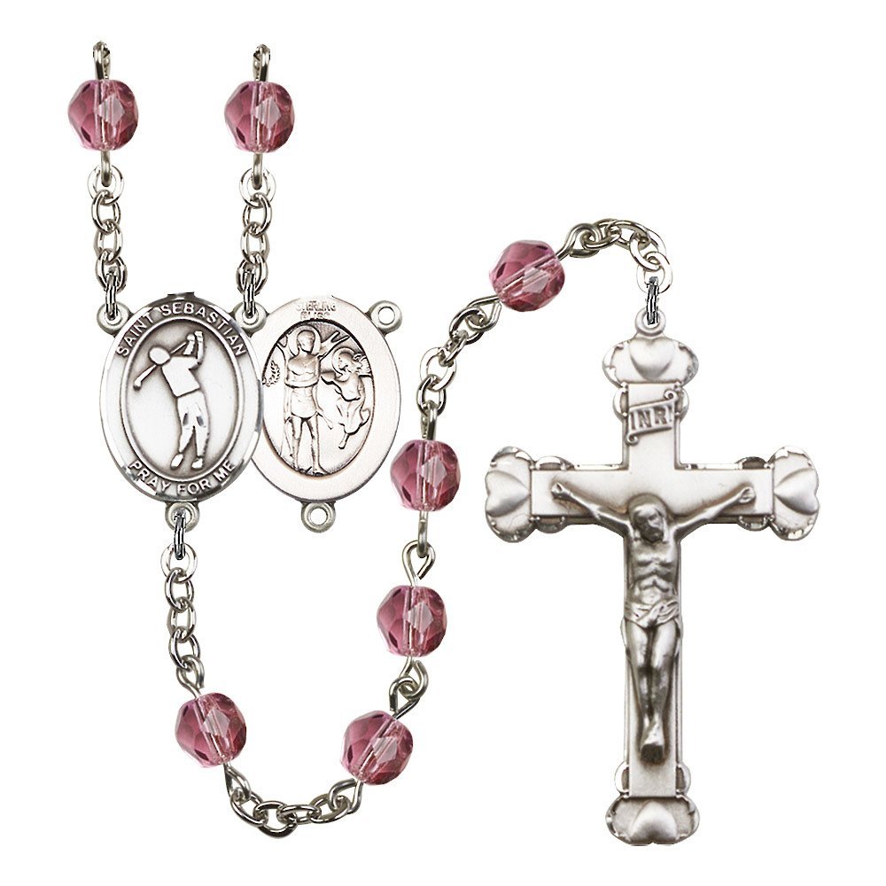 St. Sebastian Golf Silver-Plated Rosary Necklace - Birthstone Colors for Every Month | Religious Jewelry Gift for Baptism, First Communion & Prayer