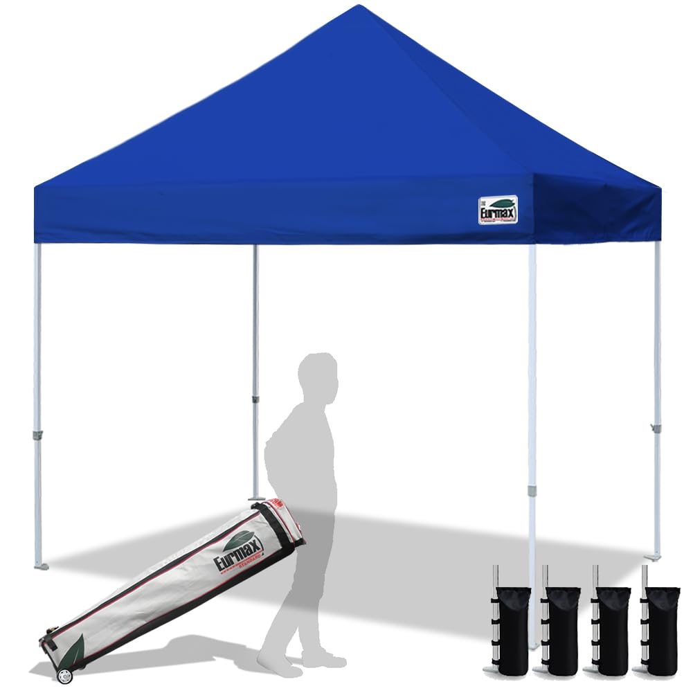Eurmax USA 8'x8' Commercial Pop Up Canopy Tent - Heavy Duty Instant Shelter with Roller Bag & 4 Bonus Sand Weight Bags (Blue) - Perfect for Outdoor Events, Farmers Markets, Beach Parties, and Camping