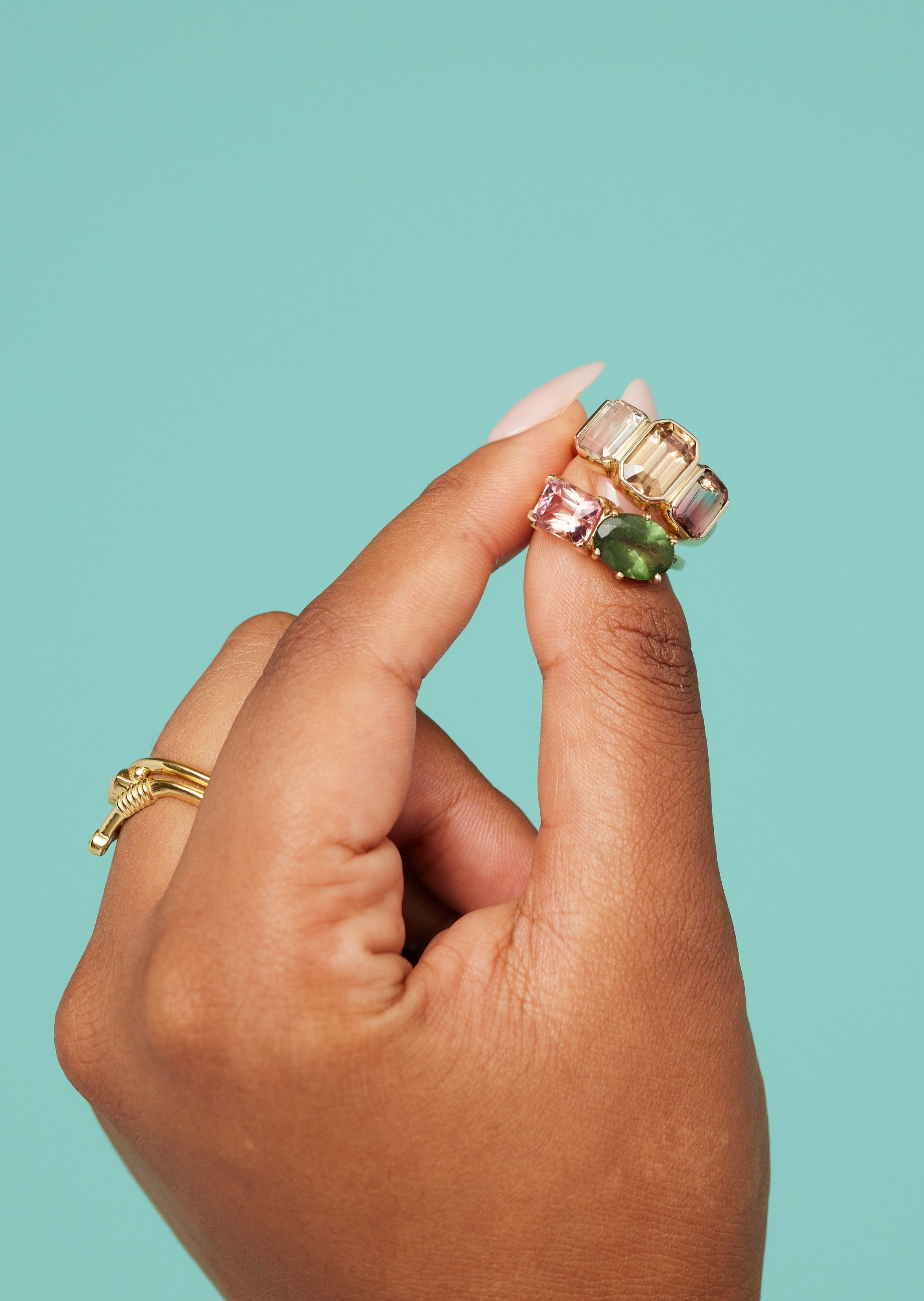 14K Yellow Gold Watermelon Tourmaline Trilogy Ring - Elegant Stackable Band for Women, Perfect for Weddings, Anniversaries & Everyday Wear