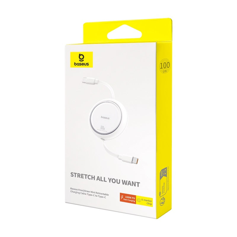Baseus Free2 Draw Mini 100W Retractable USB-C to USB-C Fast Charging Cable (1m, White) - Perfect for Travel, Office, and Home Charging