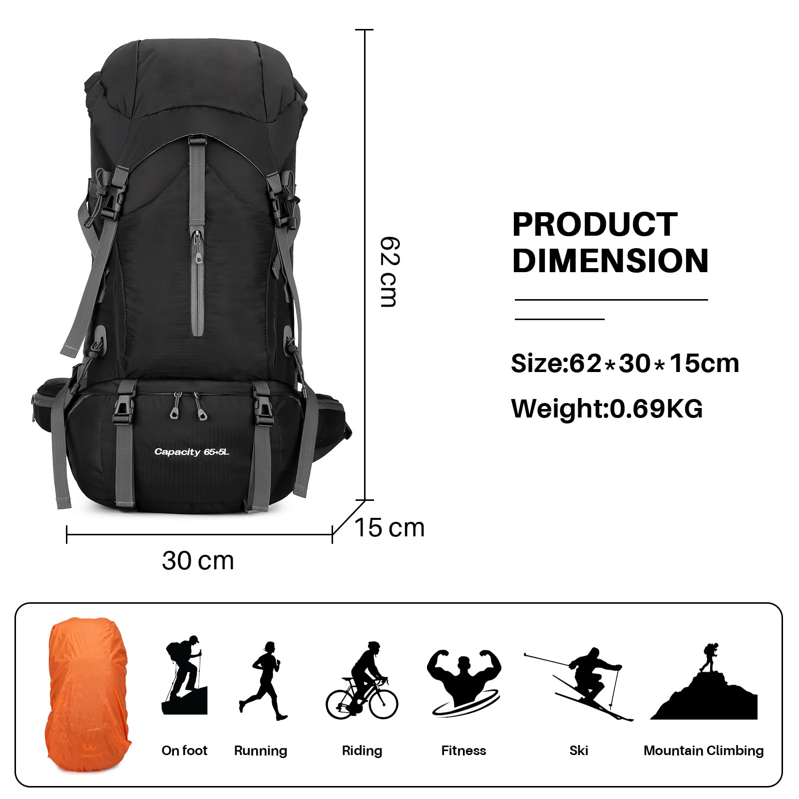 OKYUK 70L Waterproof Hiking Backpack - Lightweight Camping Backpack for Mountain Climbing, Outdoor Sports & Travel - Durable Daypack with Rain Cover - Perfect for Hiking, Camping, Cycling & Adventure Tours (Black, 70L)