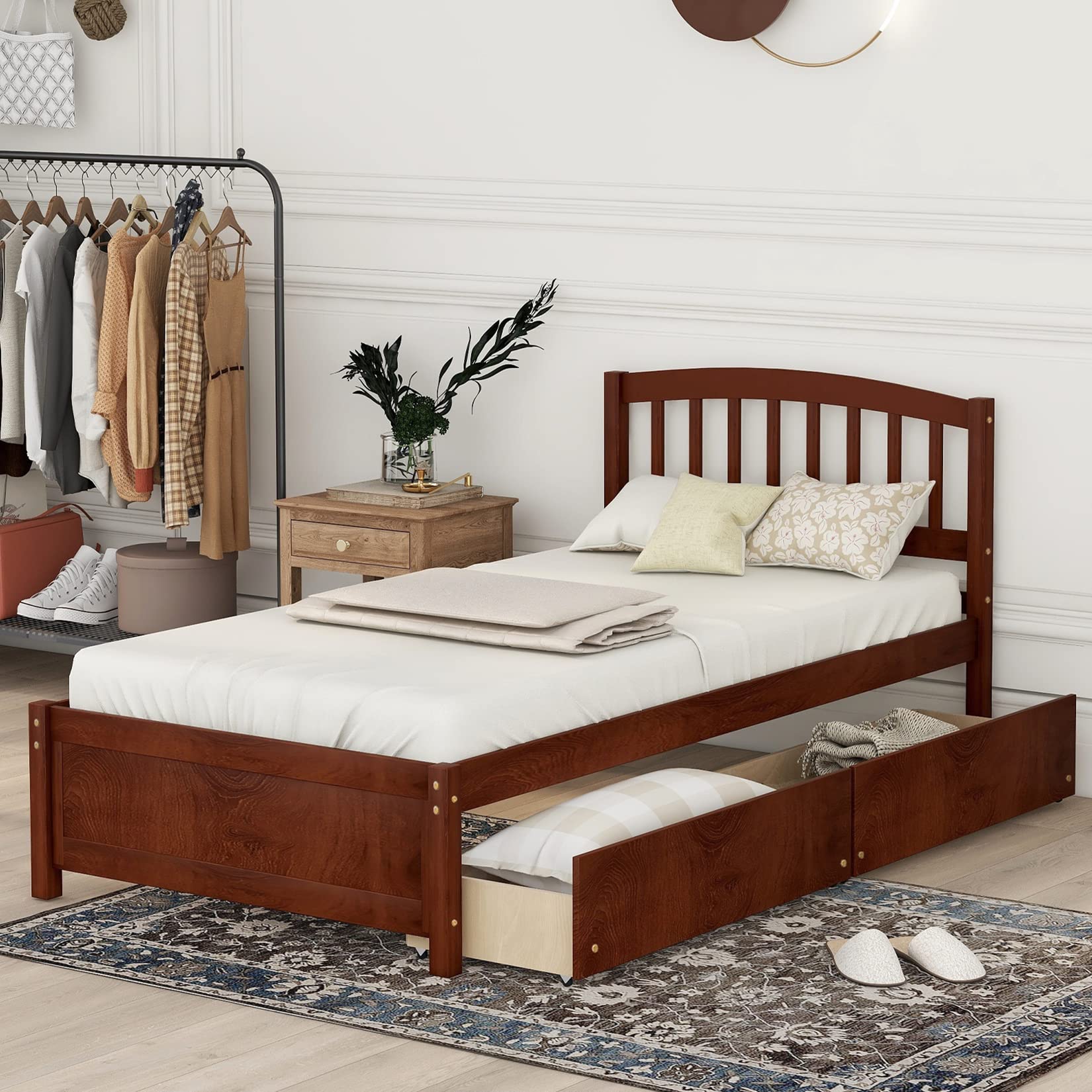 Solid Wood Twin Platform Storage Bed with Headboard & 2 Drawers - Walnut Finish | Space-Saving Bed Frame for Small Bedrooms, Guest Rooms & Dorm Rooms