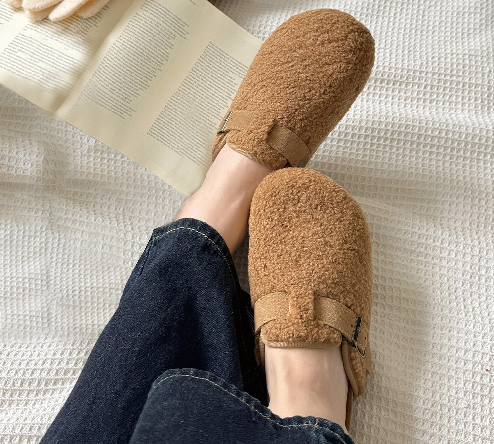 EVERAU® Women's Shearling Buckle Sandal Slides - Greta Style UGG Booties for Women | Cozy House Slippers & Winter Indoor/Outdoor Comfort Shoes