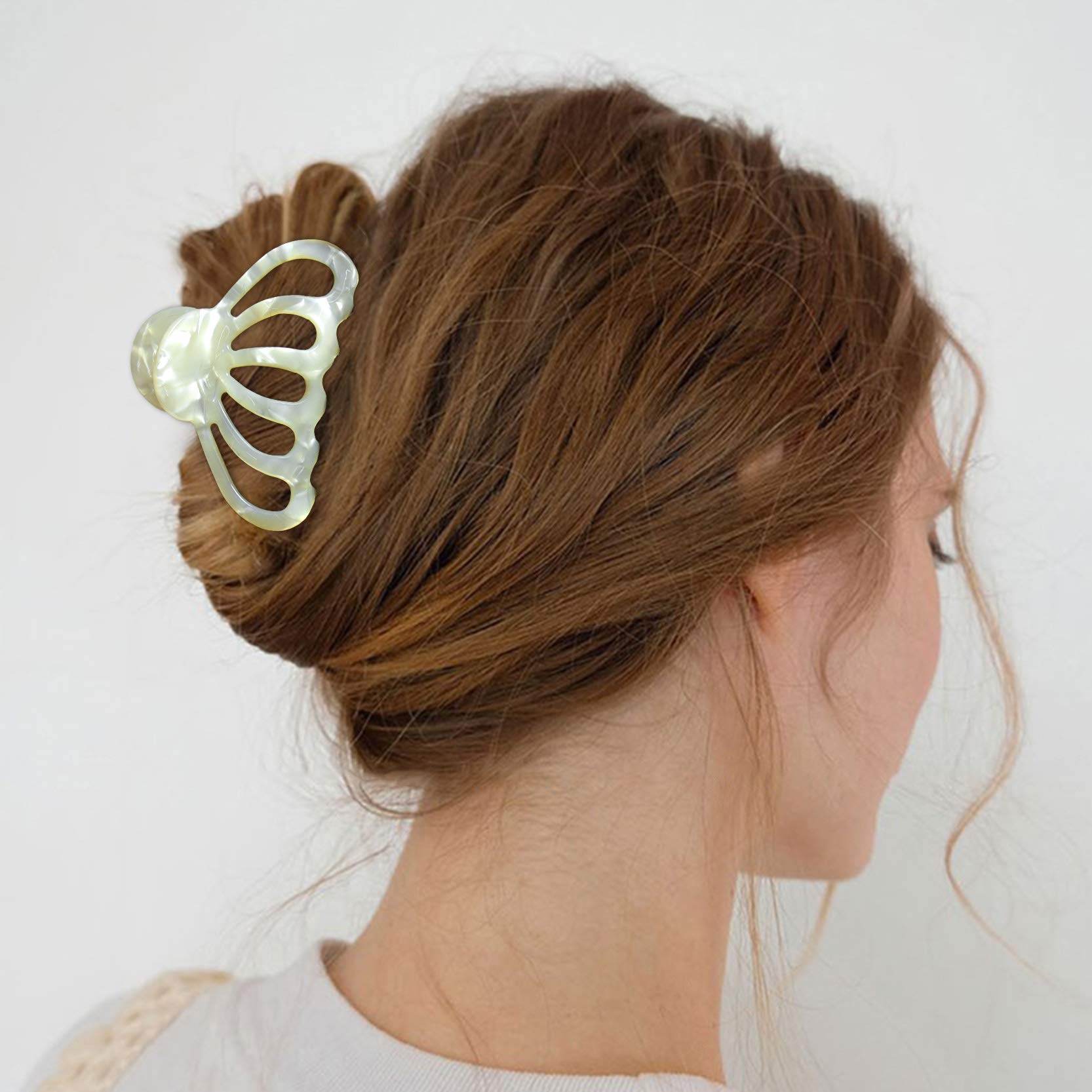 Non-Slip Tortoise Resin Hair Claw Clips for Women - Medium Size for Long Hair, Handmade Pearlescent Beige & Pink Hair Jaw Clips - Perfect for Work, Travel, and Everyday Styling