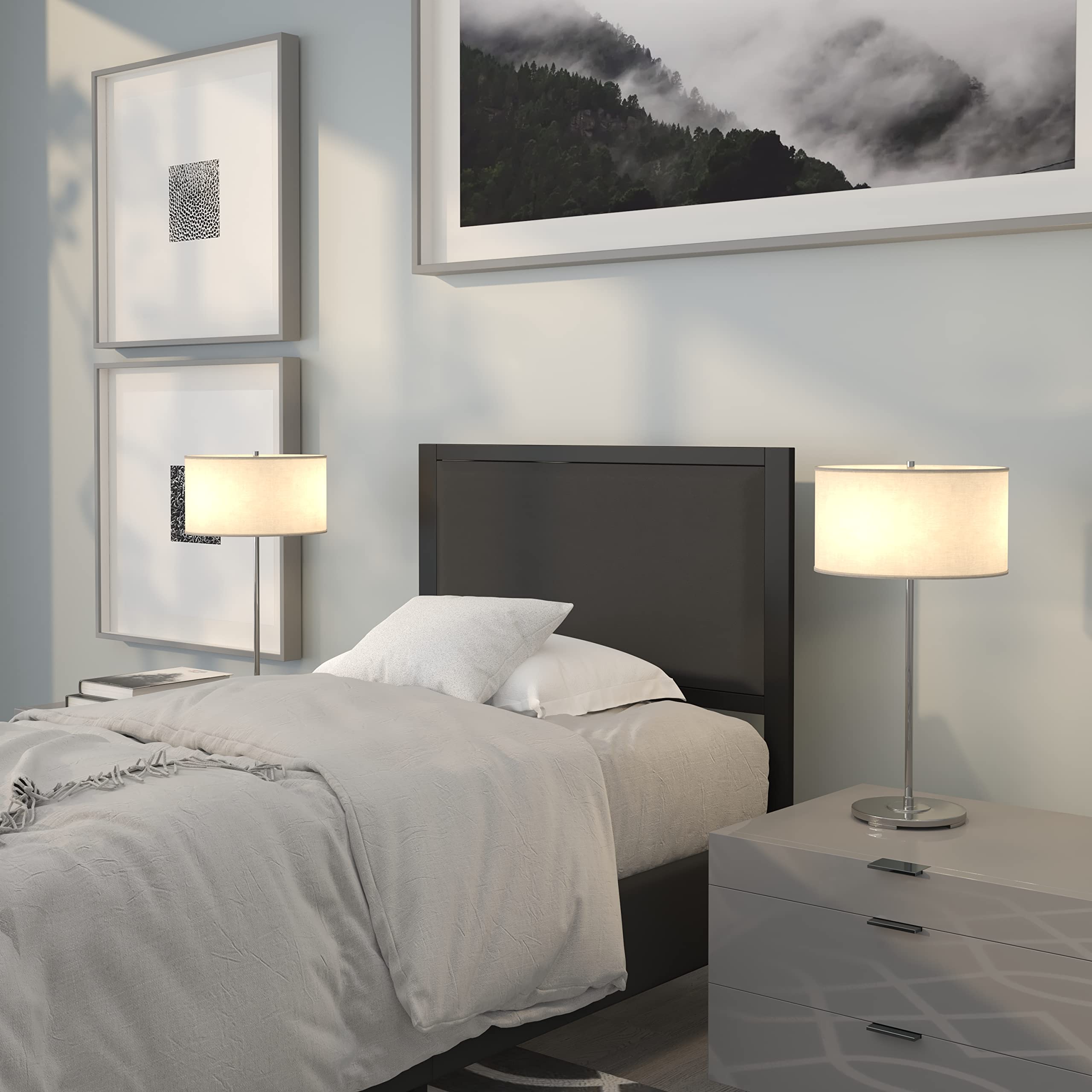 EMMA + OLIVER Twin Size Metal Headboard with Black Fabric Upholstery - Fits Standard Bed Frames for Kids & Guest Rooms - Modern Bedroom Decor for Teens & Adults