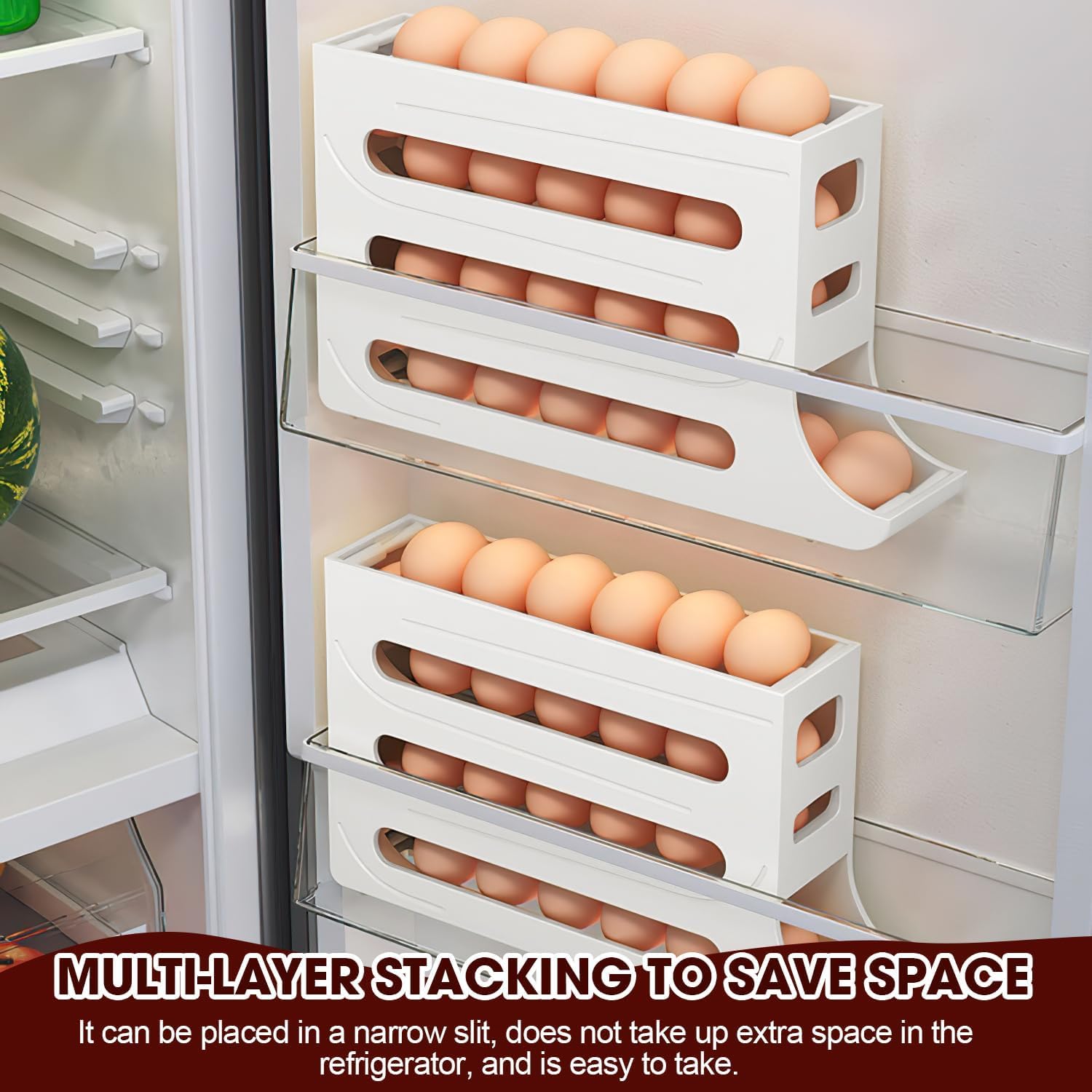 4-Tier Auto Rolling Egg Holder for Refrigerator - Large Capacity 30 Egg Organizer & Dispenser Storage (White) | Traboto-0011 | Perfect for Kitchen Organization & Fresh Egg Storage