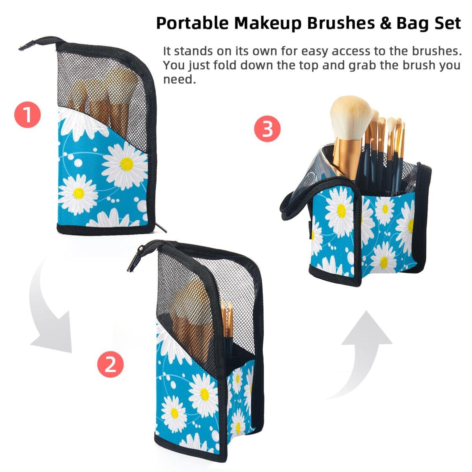 Floral Daisy Makeup Brush Organizer Bag with 12 Brushes - Portable Cosmetic Brush Holder Case for Travel & Home Vanity Storage