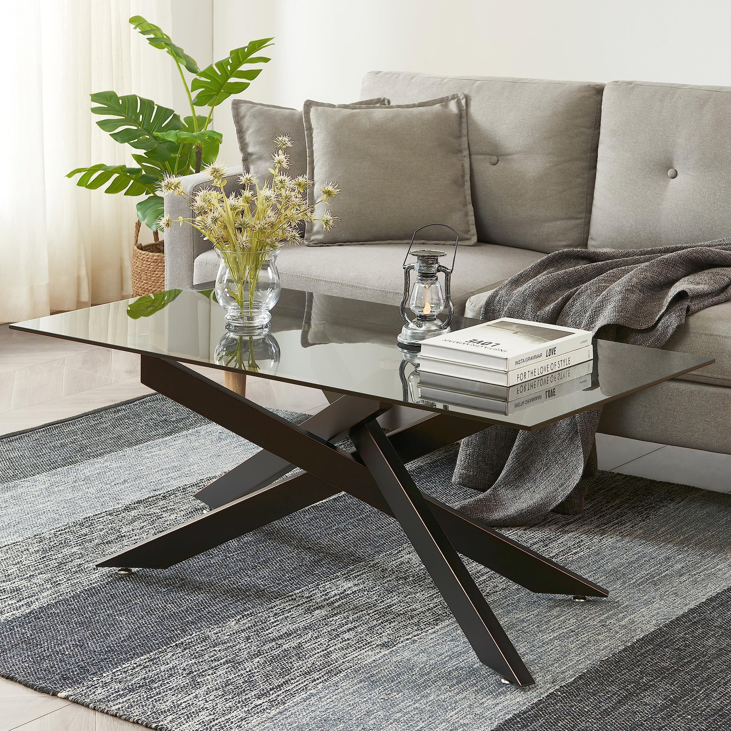 Modern Rectangle Coffee Table with Gray Tempered Glass Top & Black Metal Tubular Legs - 47.3