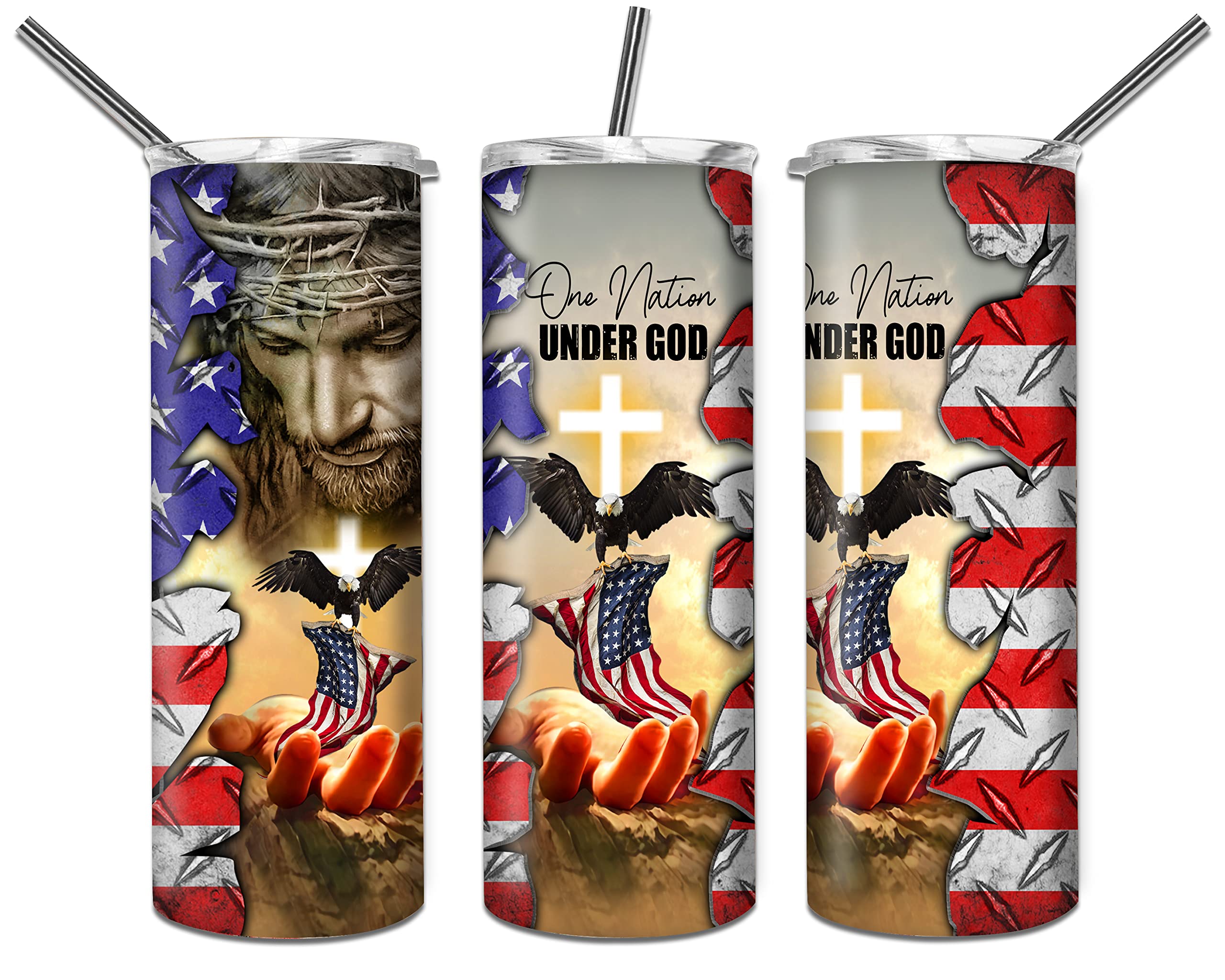 One Nation Under God American Eagle Skinny Tumbler - Patriotic Jesus Flag Stainless Steel 20oz Insulated Water Bottle for Coffee & Tea - Perfect for Home, Office, Travel & Outdoor Adventures