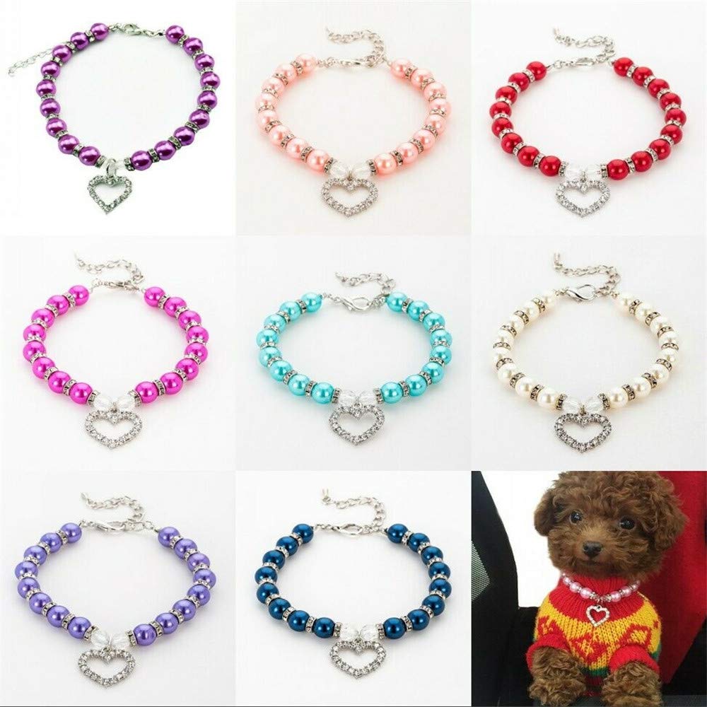 Elegant Crystal Heart Pet Necklace for Small Dogs & Cats - Bling Pearls Rhinestones Charm Collar for Chihuahua, Yorkie & Puppy (Red, 8-10