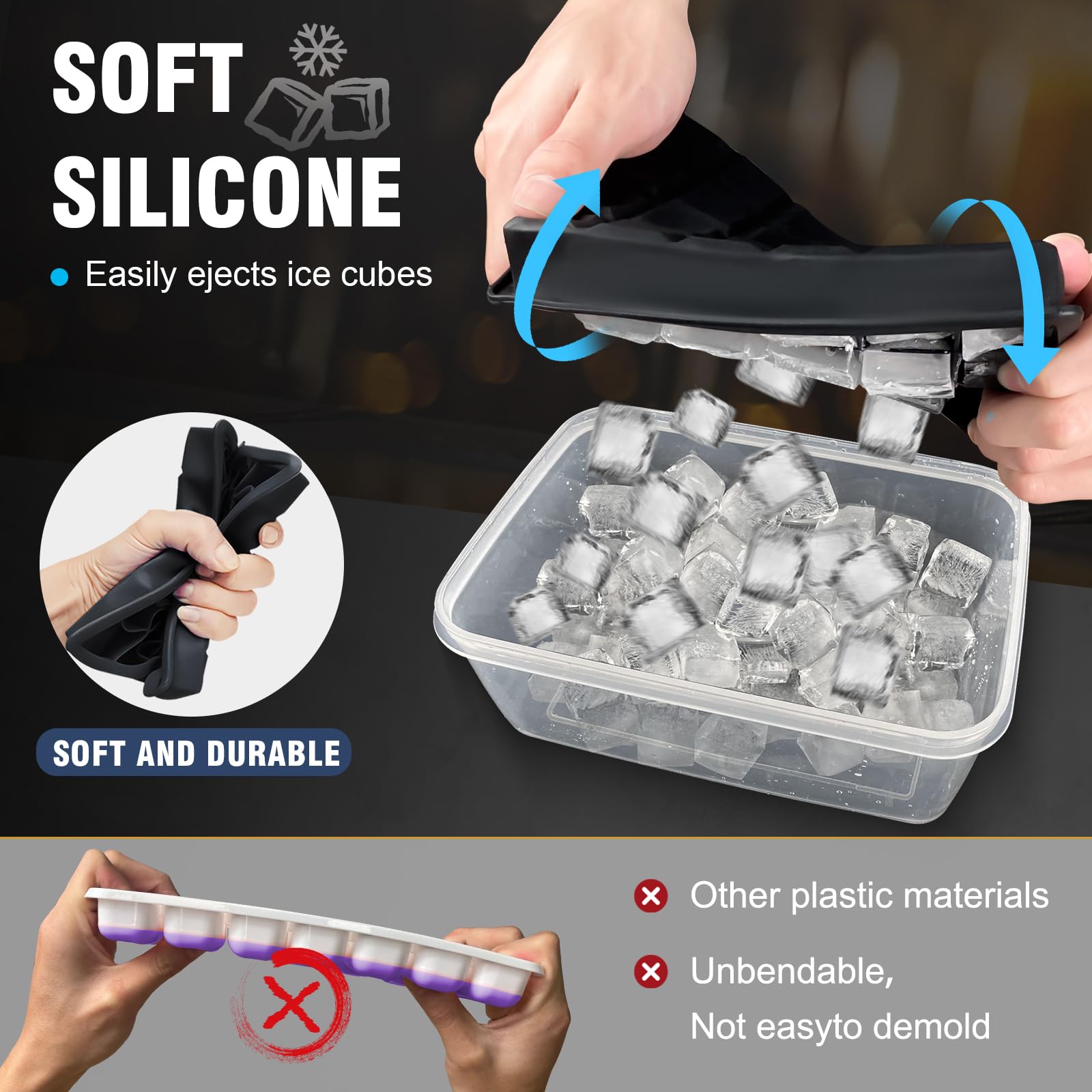 Walfos 3-Pack Silicone Ice Cube Tray Set with Storage Bin & Lid - Easy Release Square Ice Molds for Freezer - Perfect for Cocktails, Iced Coffee, Whiskey & Cold Drinks - Includes Ice Tongs for Home Bars & Parties