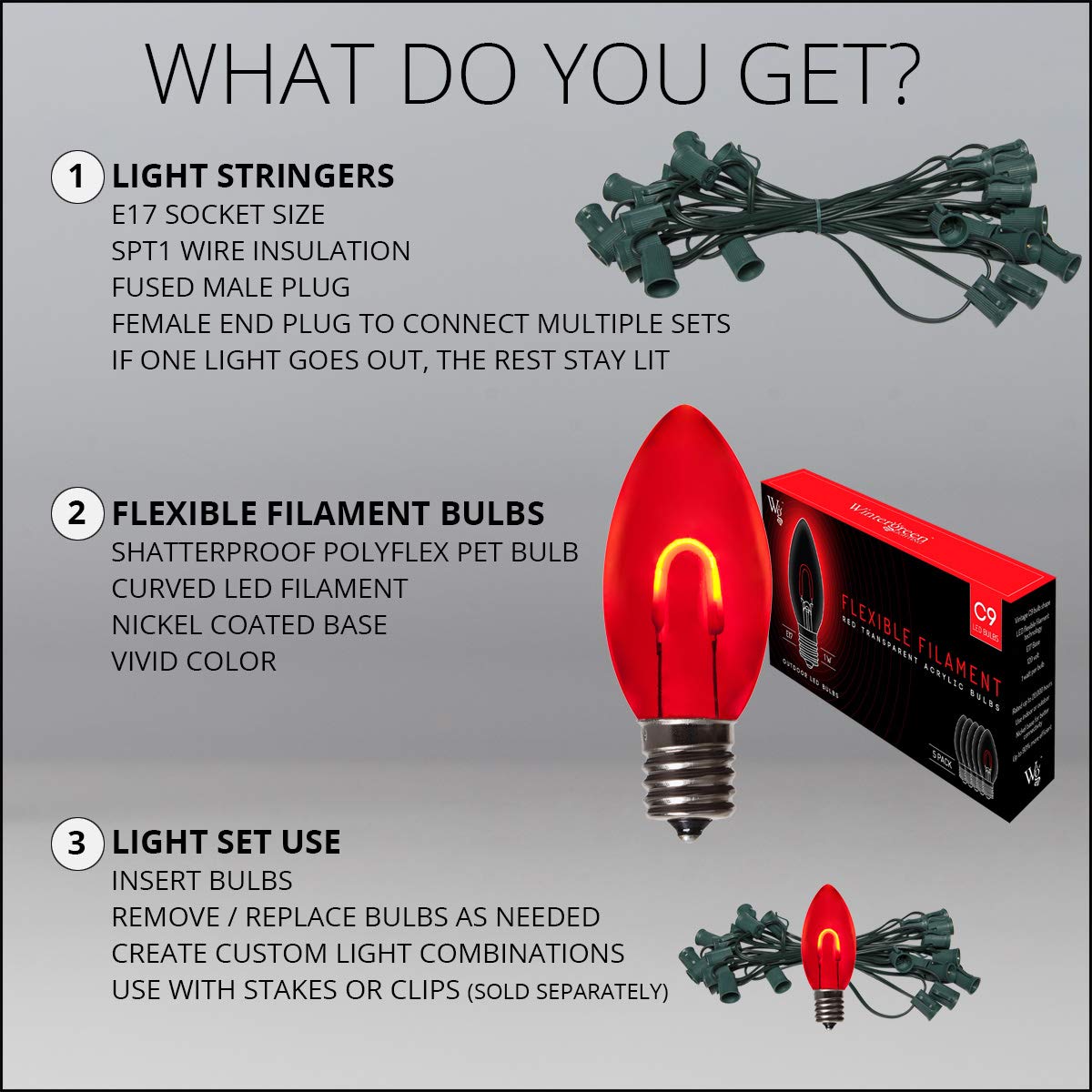 Wintergreen Lighting 15ft FlexFilament LED Red C9 Christmas Lights - Shatterproof Outdoor String Lights with Edison Bulb Style for Holiday Decor, Patio, Garden & Balcony Lighting | Perfect for Christmas Tree, Roof, Porch & Yard Decoration