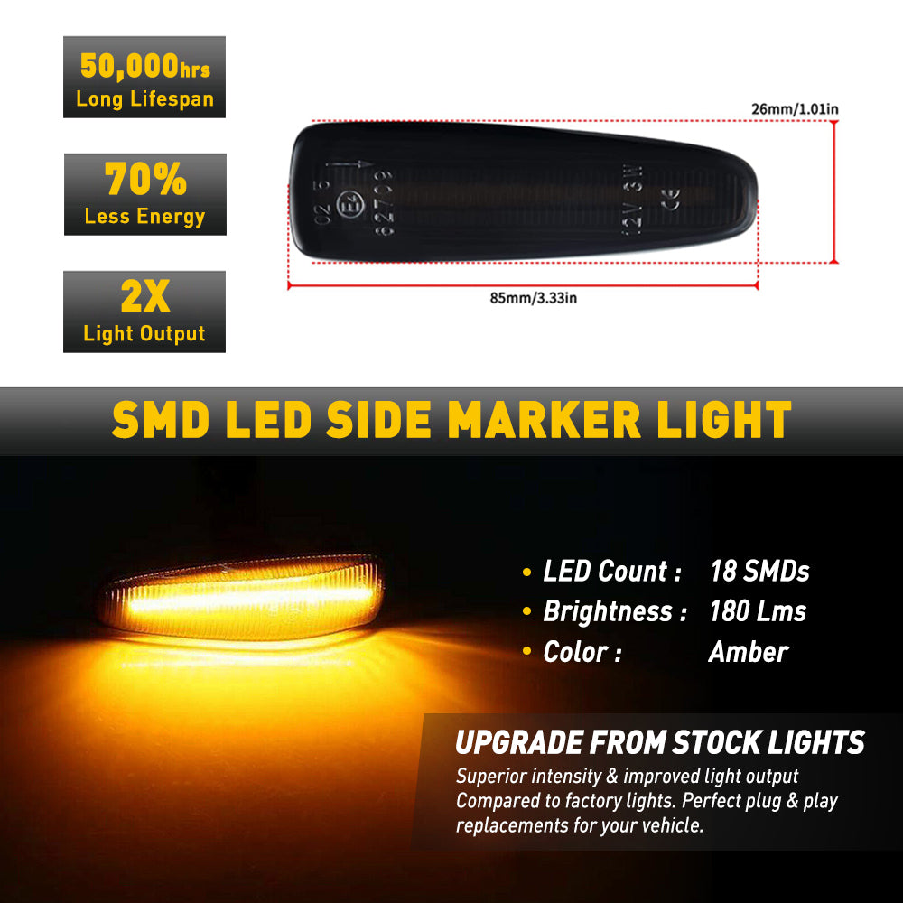Smoked LED Side Marker Lights for Mitsubishi Lancer Evolution Mirage Outlander Sport - Front Fender Replacement - Enhance Visibility & Style for Night Driving & Car Shows