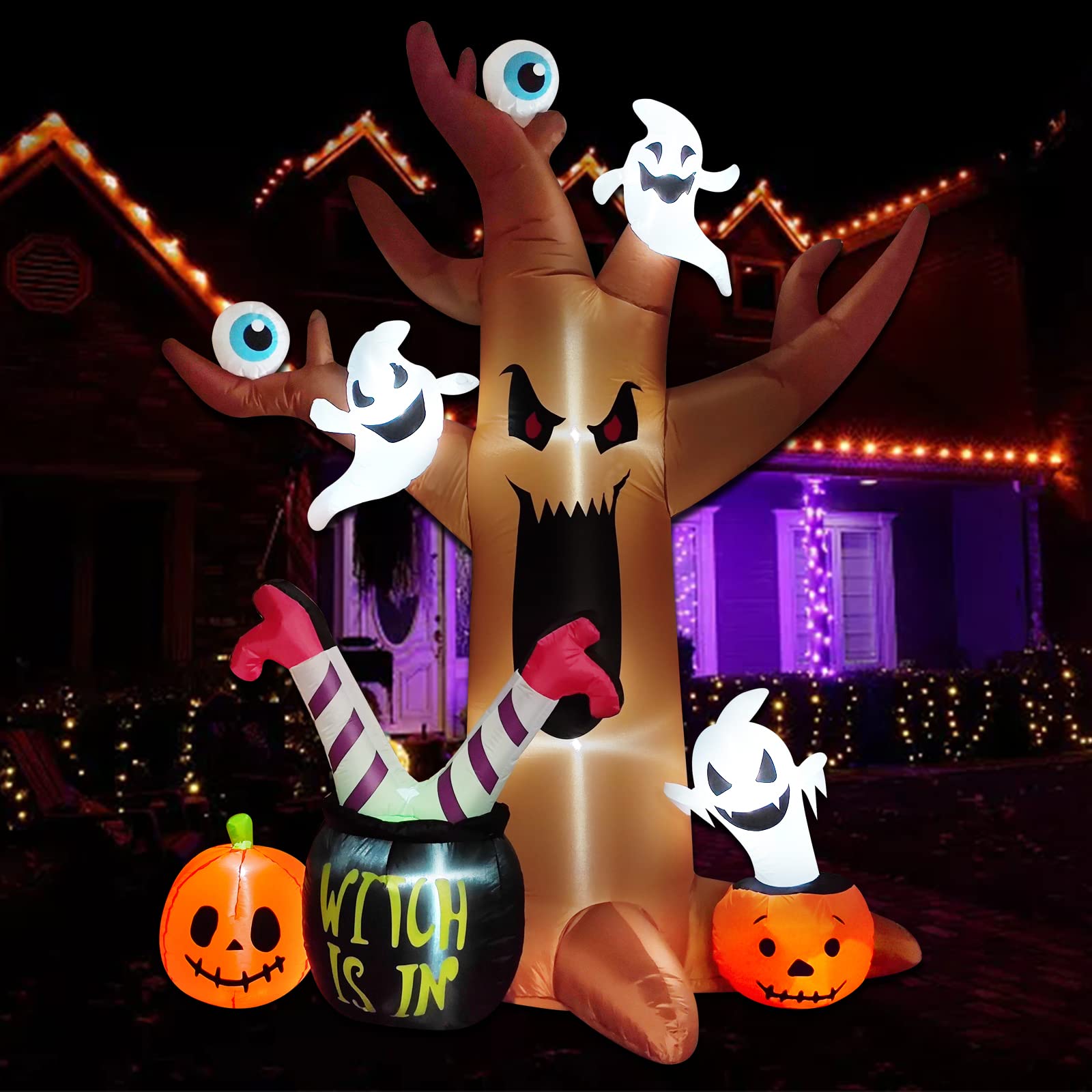 8 Ft Halloween Inflatable Outdoor Decor - Spooky Blow-Up Tree with Ghosts, Eyeballs, Pumpkins, Cauldron & Witch Legs - LED Lighted Lawn Decoration for Halloween Party, Yard & Garden Decor