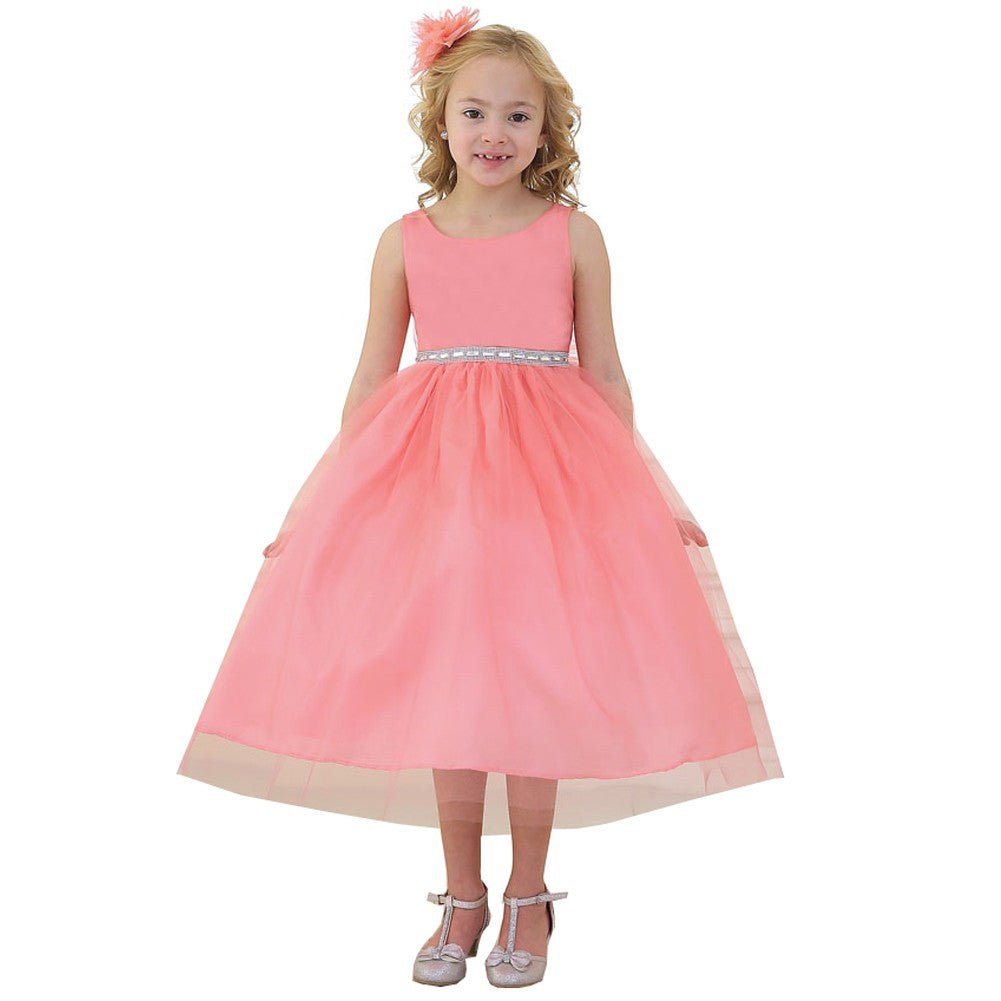 Elegant Coral Rhinestone Tulle Junior Bridesmaid Dress for Big Girls - Size 8-12 - Perfect for Weddings, Prom & Special Occasions
