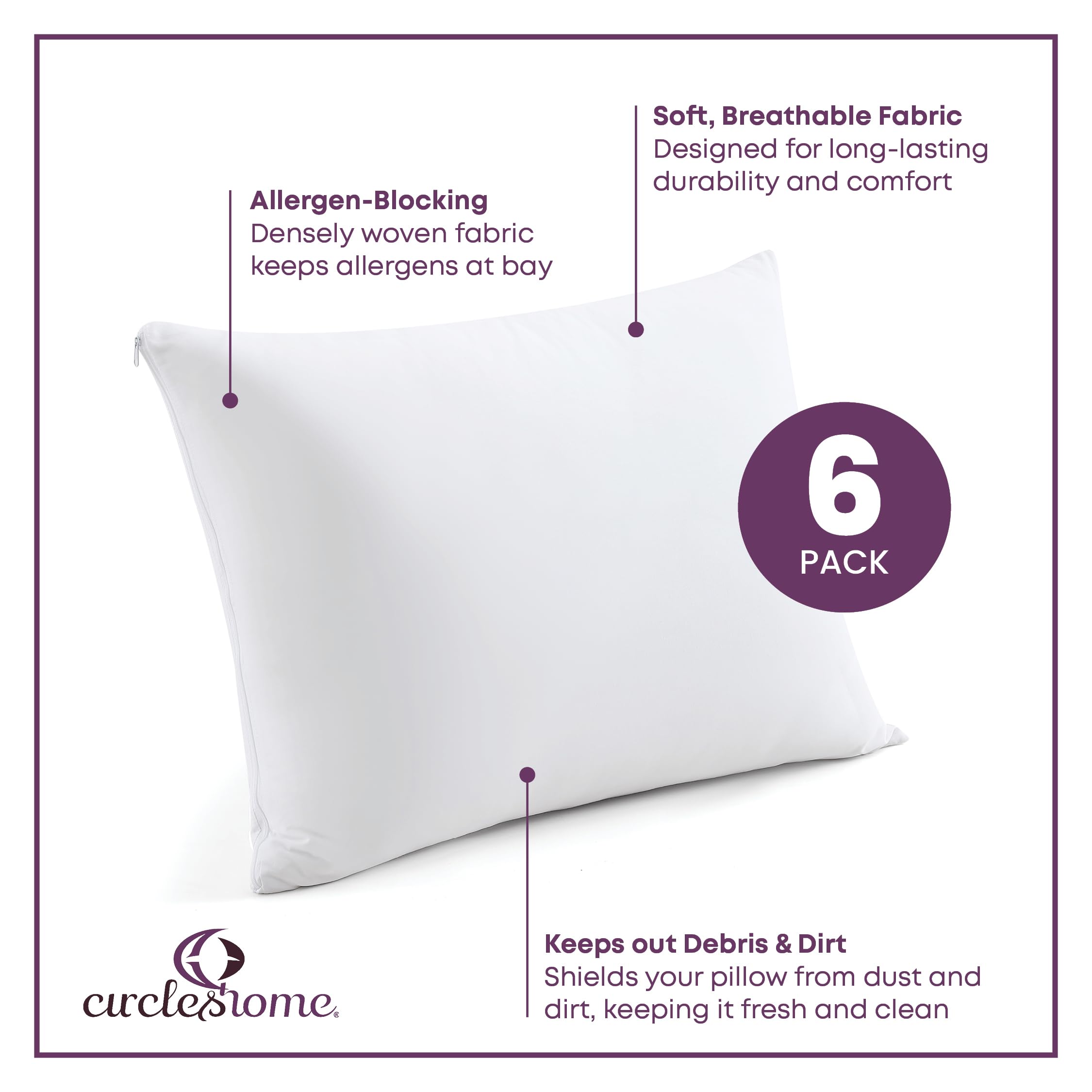 CirclesHome 6 Pack King Size Zippered Pillow Protectors - 100% Cotton Breathable Pillow Covers for Dust & Allergy Protection (20x36 Inches) - Perfect for Bedroom, Guest Room & Travel Use
