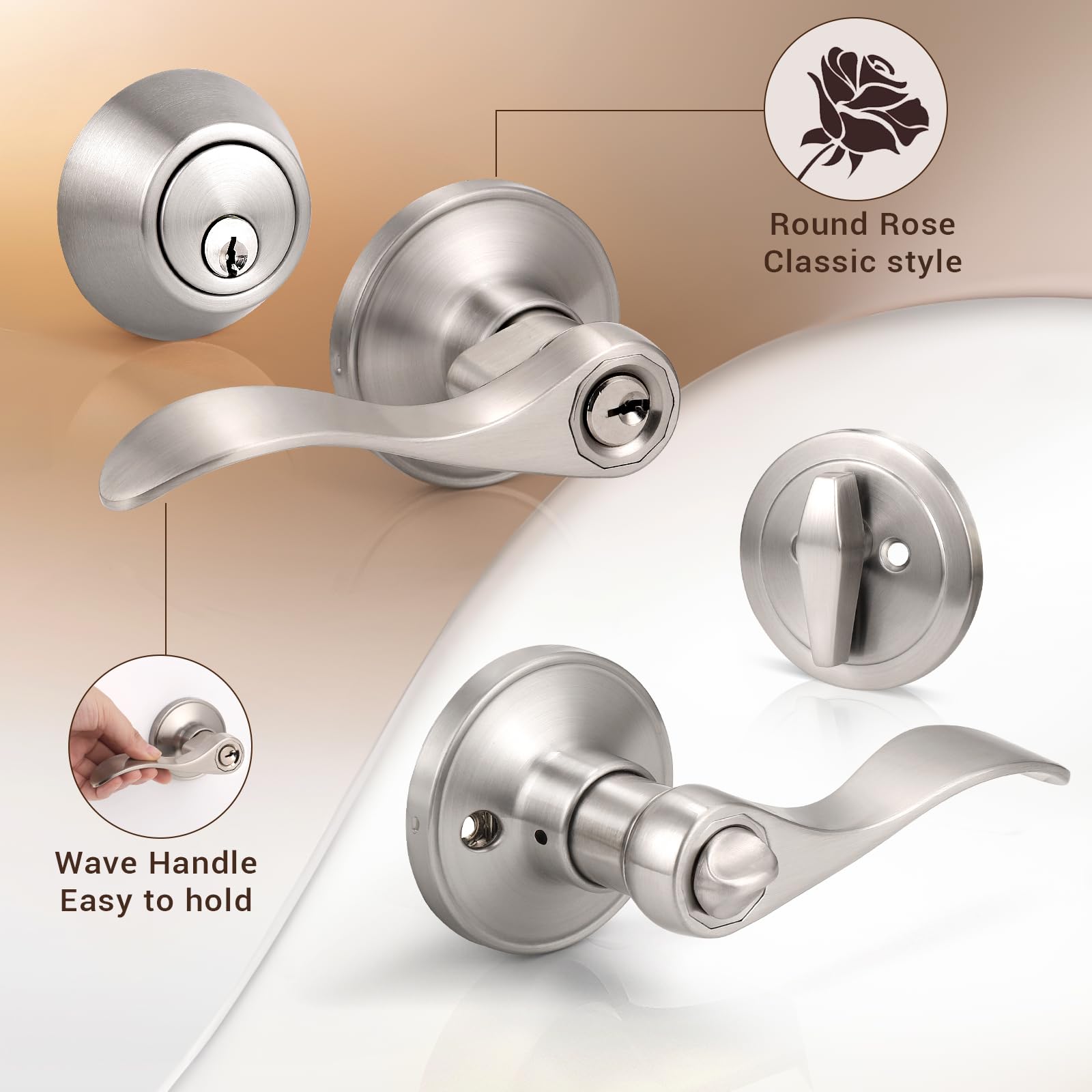 Keyed Alike Door Handle and Deadbolt Locksets - Brushed Nickel Exterior Door Handles with Single Deadbolt - Secure Front Entry Door Locksets (2 Pack) - Perfect for Home, Office, and Apartment Security