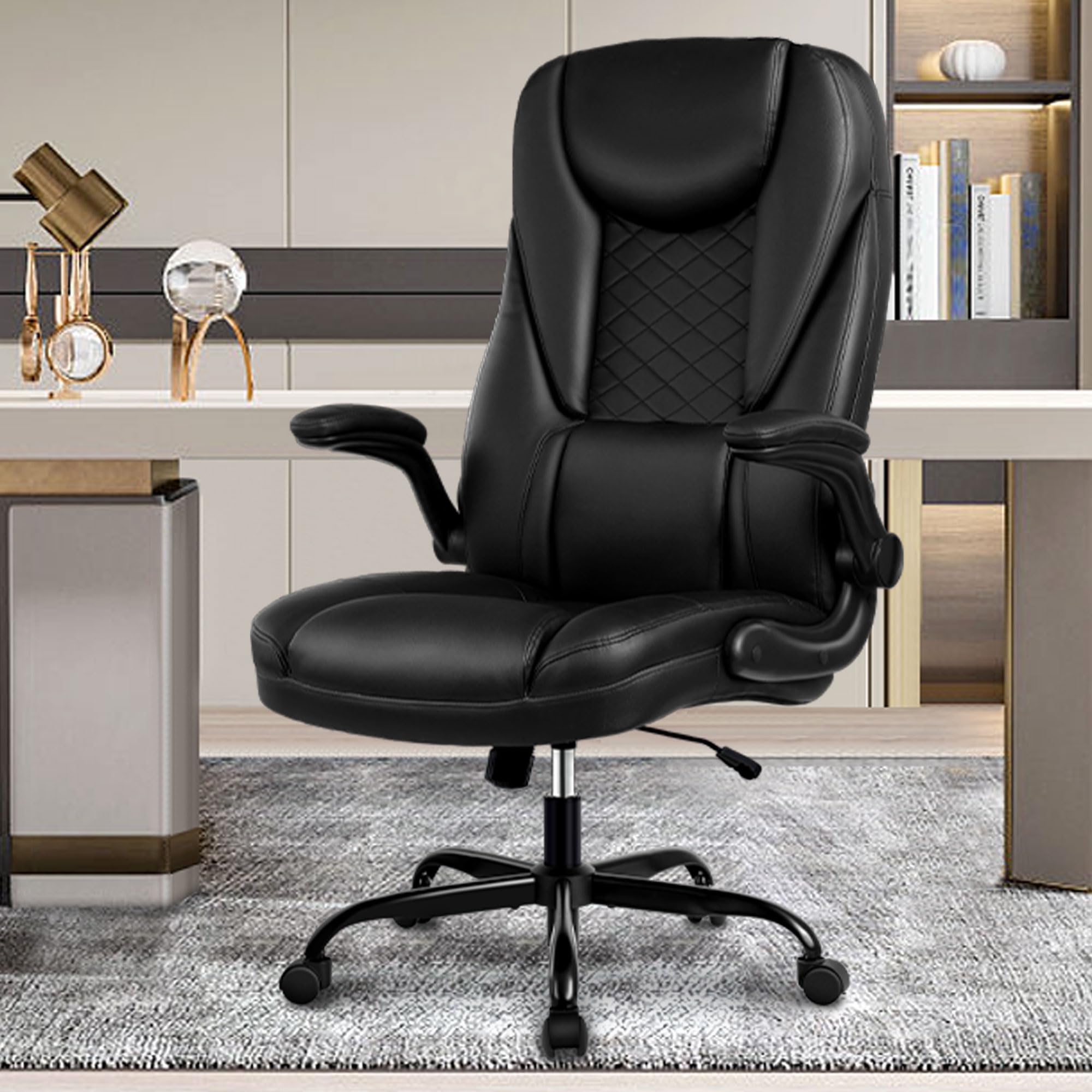 Premium Ergonomic Executive Office Chair - Big & Tall Leather Desk Chair with Adjustable Flip-Up Arms, High Back & Lumbar Support - Comfortable Computer Chair for Home Office, Gaming & Workspace (Black)