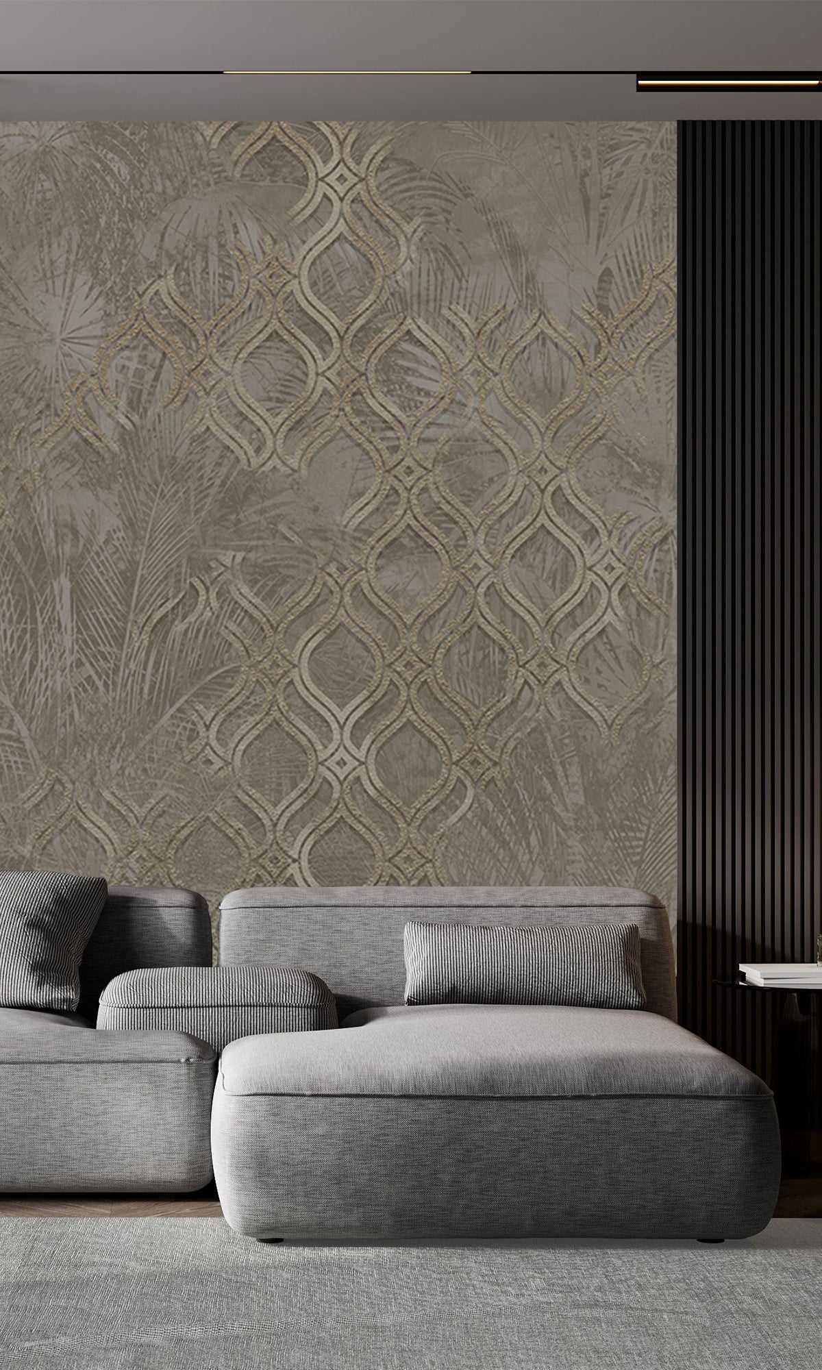 Dark Reseda Green Botanical Ogee Collage Mural Wallpaper M2559 - Peel and Stick Removable Wallpaper Sample for Bedroom, Living Room, Nursery Decor