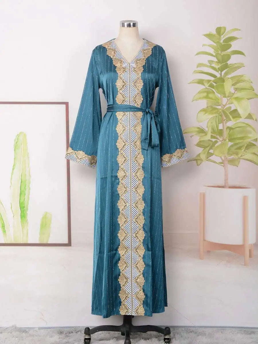 Hotfix Rhinestone Eid Dress for Muslim Women - Elegant Caftan Kaftan Dress for Eid al-Fitr & Special Occasions