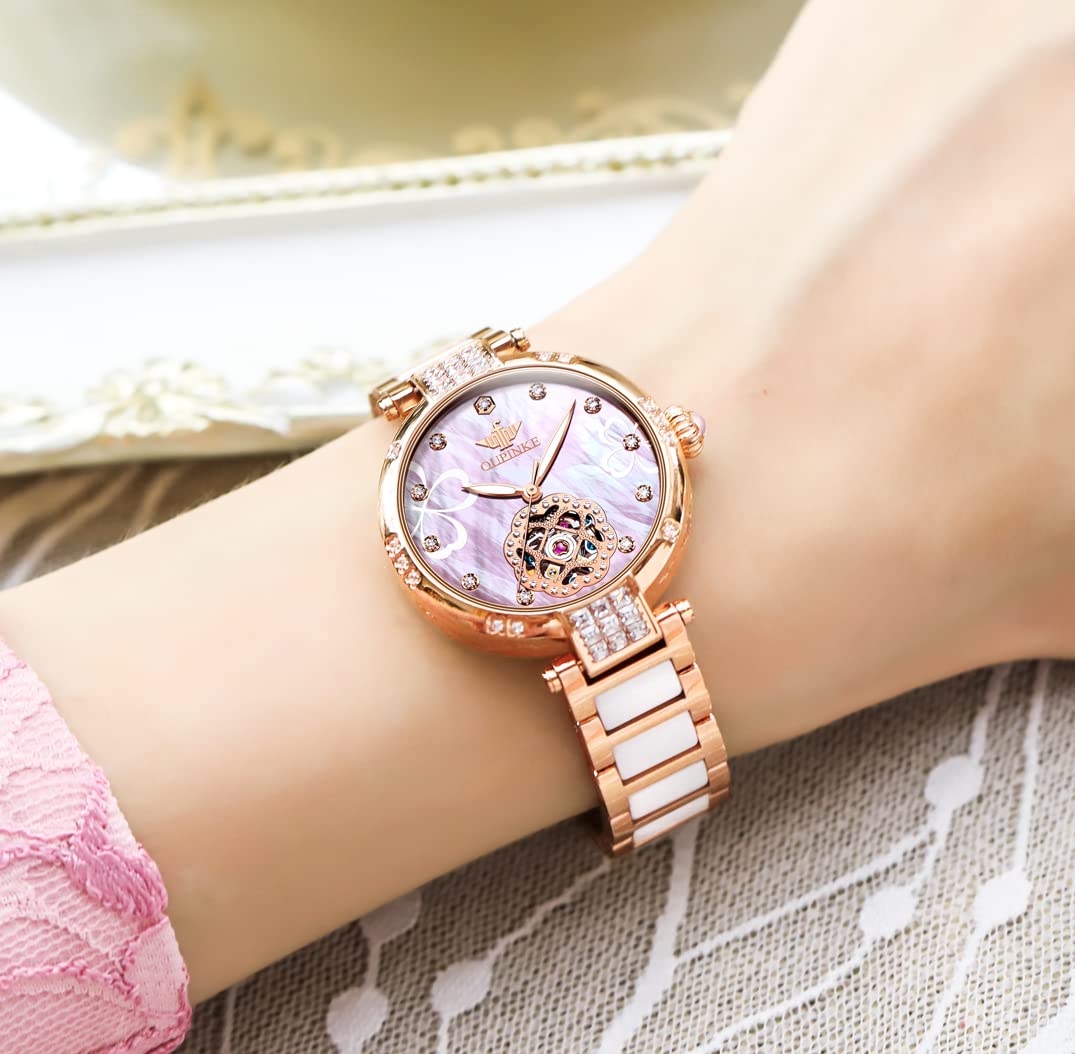 OUPINKE Women's Automatic Diamond Watch - Elegant Skeleton Mechanical Self-Winding Waterproof Luminous Dress Watch for Women | Perfect Gift for Her, Office Wear & Special Occasions