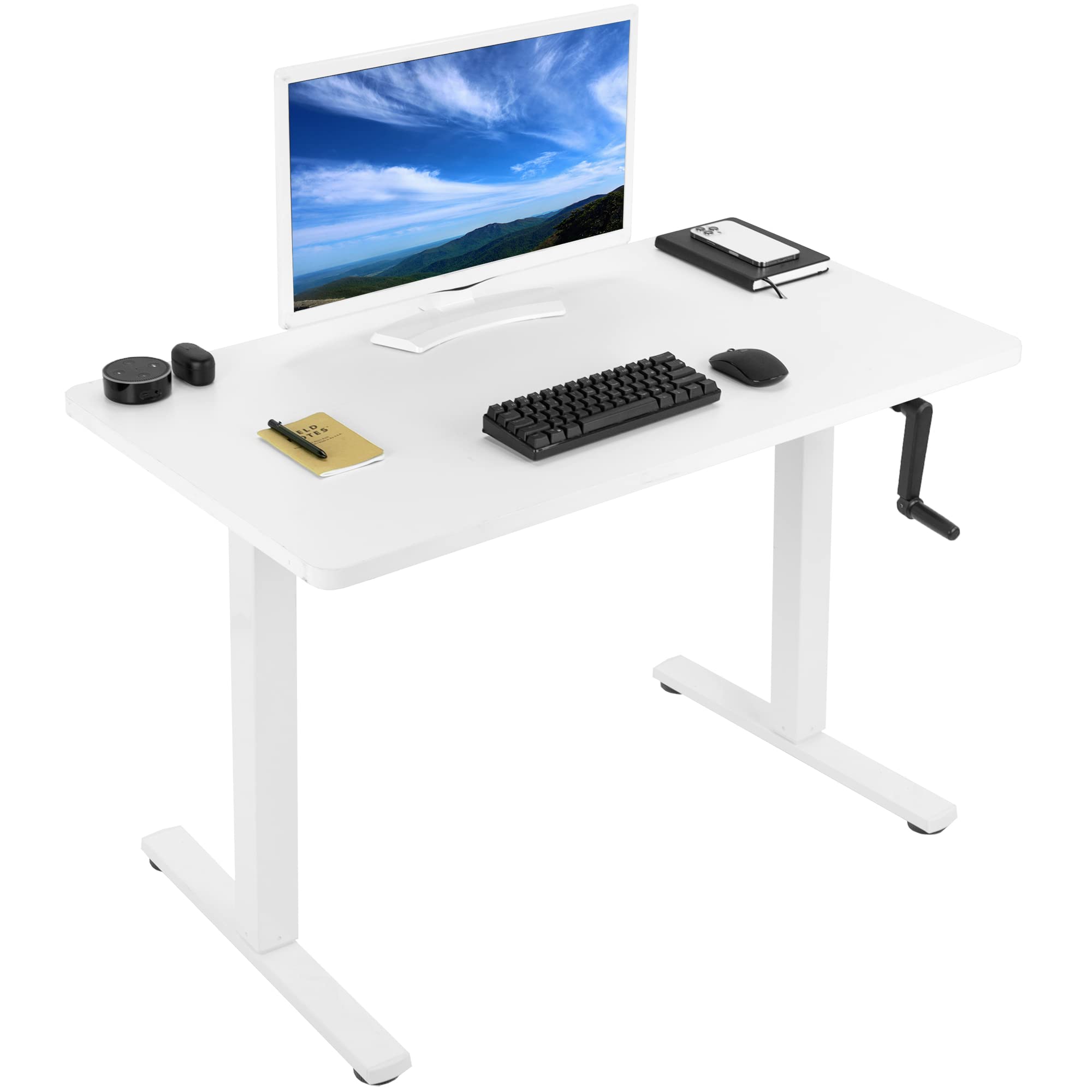 VIVO 43 x 24 Inch Adjustable Height Standing Desk - White Solid One-Piece Tabletop & Frame, Manual Crank with Foldable Handle - Perfect for Home Office, Study Room & Small Workspaces