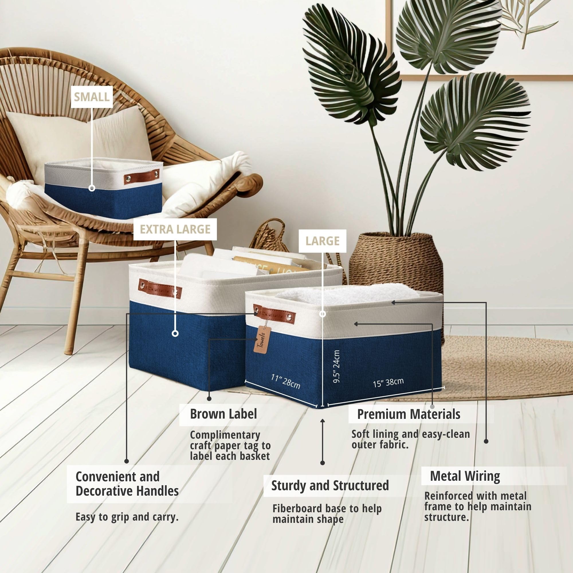 DECOMOMO Fabric Storage Bins & Baskets - Large 3-Pack for Shelves, Closet, Nursery Organization - Navy Blue & White - Perfect for Toys, Linens & Home Storage Solutions