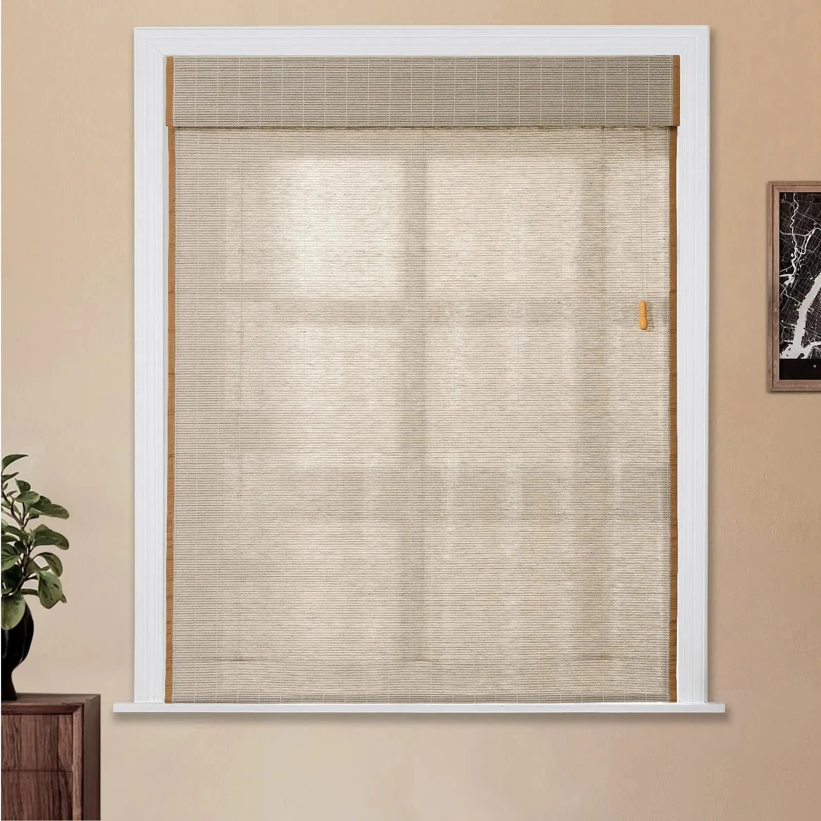 Natural Flax Bamboo Woven Window Shade - Light Gray Brown for Living Room & Bedroom Blackout Privacy