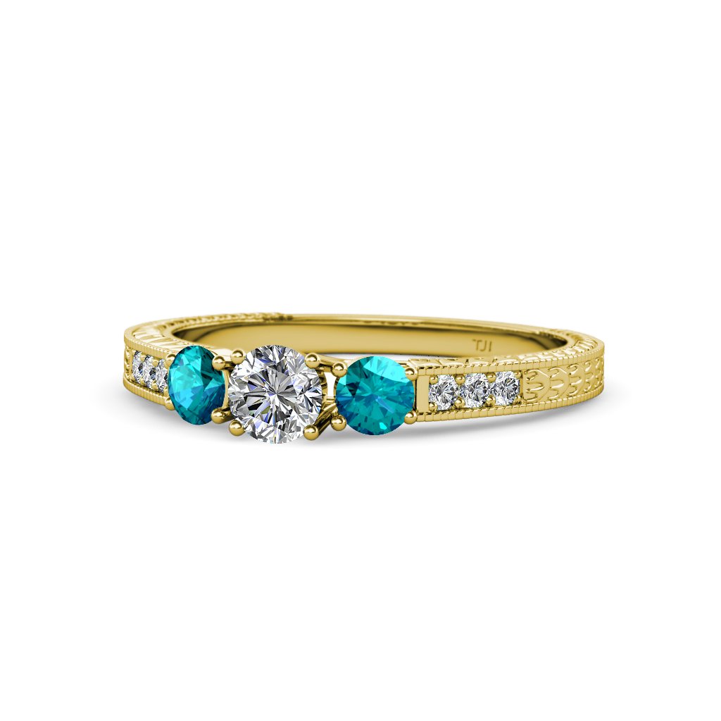 14K Yellow Gold Diamond & London Blue Topaz Milgrain Three-Stone Ring with Side Diamonds (0.85 ctw) - Perfect for Engagement, Anniversary & Special Occasion Jewelry Gifts