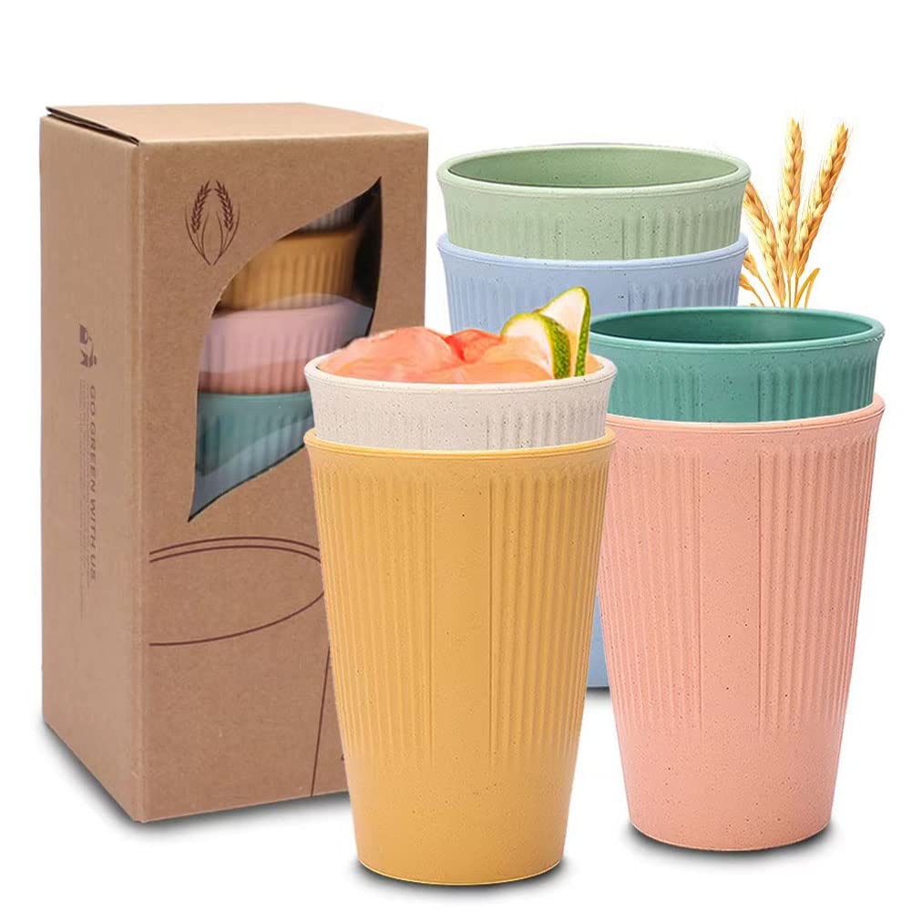 RUIBOLU 12 oz Wheat Straw Cups - 6 Pack Reusable Unbreakable Drinking Glasses, BPA Free, Dishwasher & Microwave Safe, Colorful Cups for Home, Office, Camping & Outdoor Use