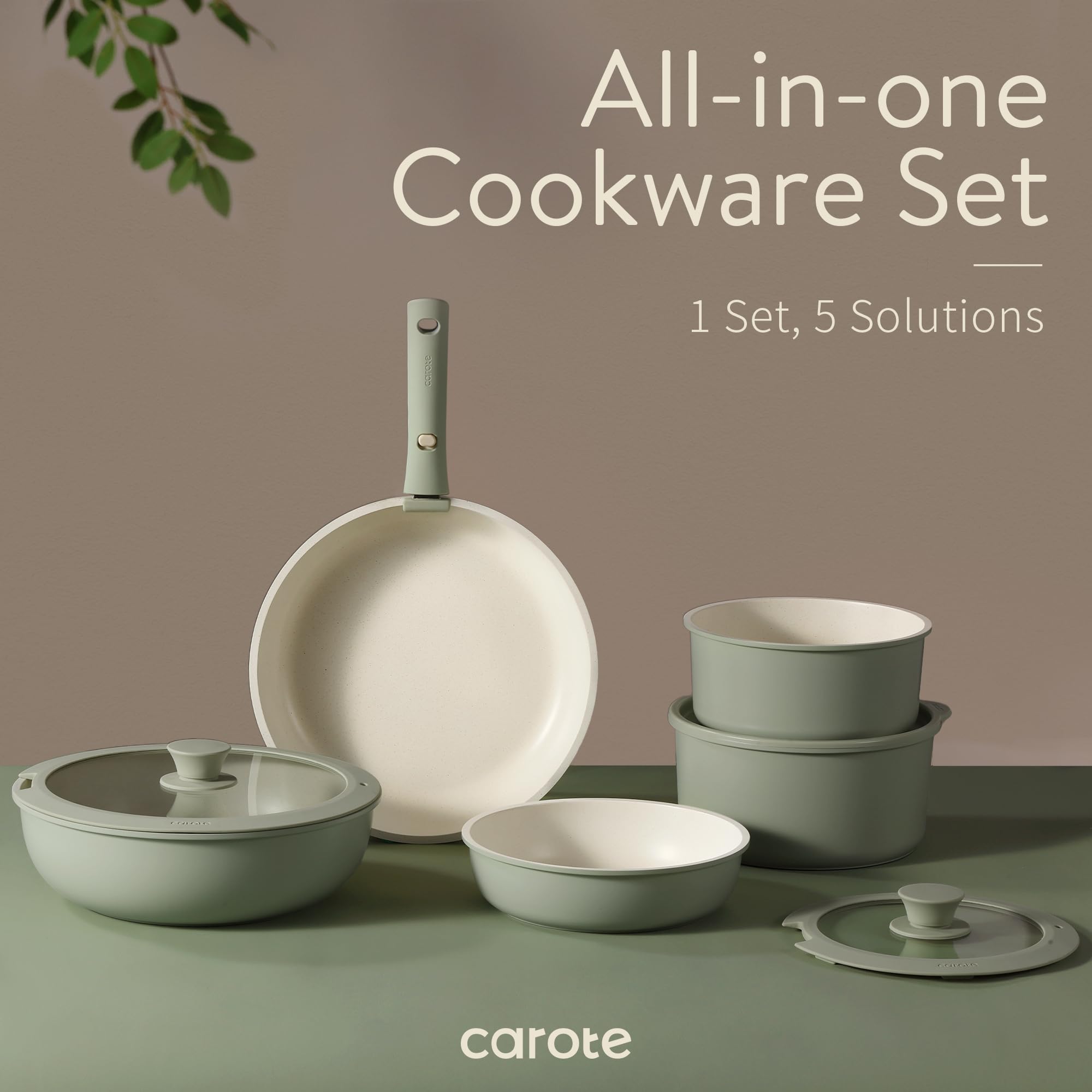 CAROTE 23-Piece Nonstick Cookware Set - Oven/Dishwasher/Induction Safe Pots and Pans with Detachable Handle - Space Saving Kitchen Set for RV, Apartment & Home Cooking (Green)
