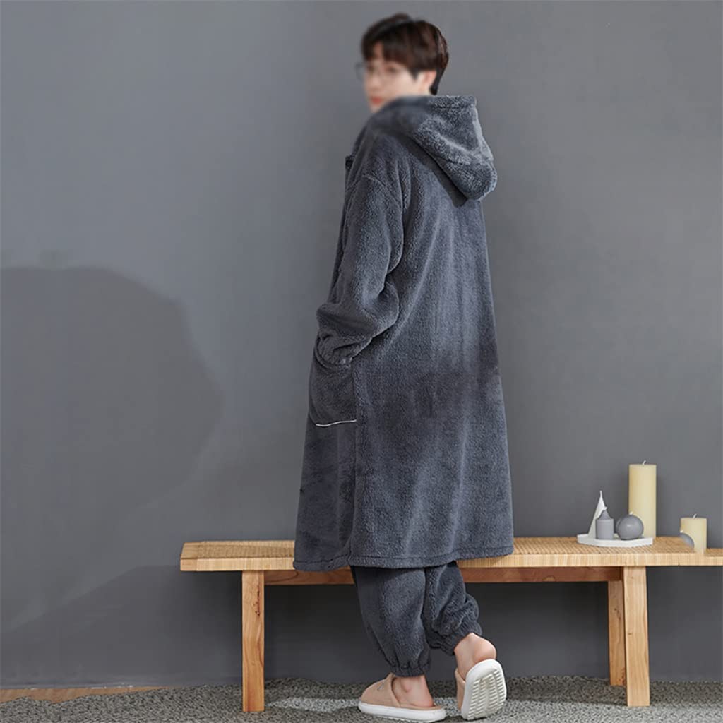 Men's Winter Warm Hooded Kimono Robe - Thick Flannel Terry Cloth Bathrobe with Letter Embroidery & Button Closure - Loose Long Nightgown for Lounge & Sleep (Color C, Size XL) - Perfect for Cozy Evenings, Spa Days & Holiday Gifting