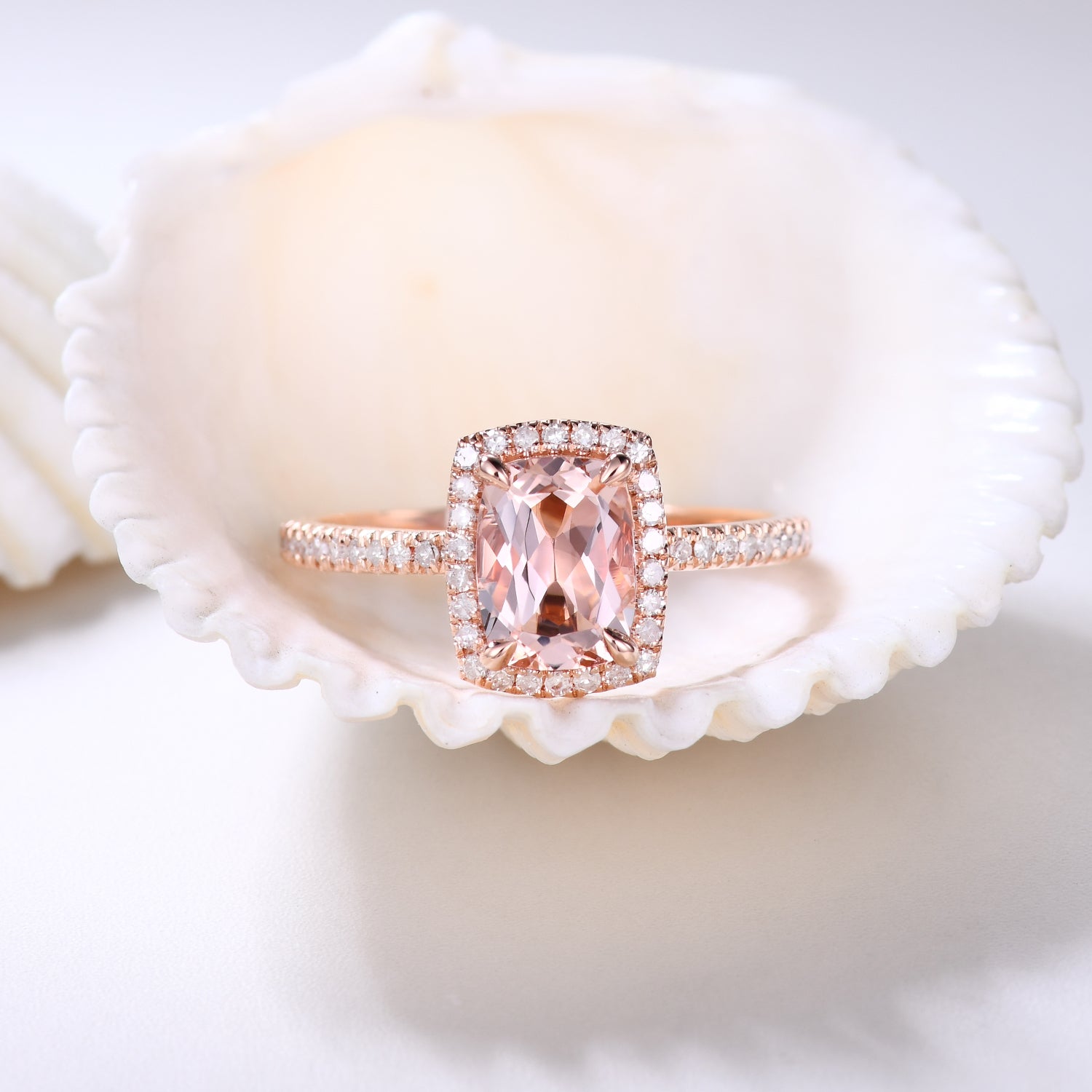 5x7mm Morganite & Diamond Halo Engagement Ring - Petite Thin Band for Women, Wedding Proposal, Anniversary Gift, Bridal Jewelry