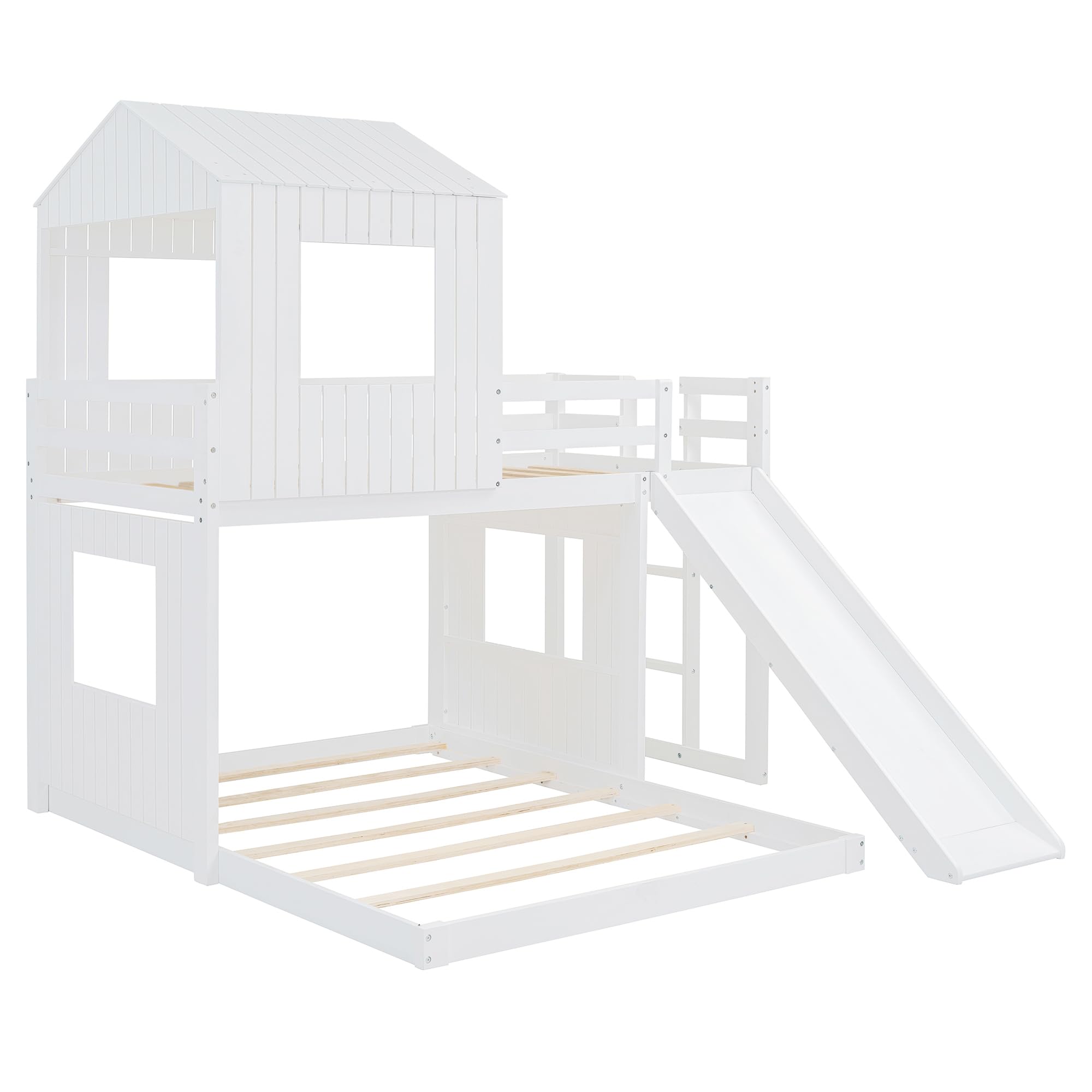 MERITLINE Twin Over Full Bunk Bed with Slide & Playhouse Design - Wooden Kids Bunk Bed with Roof, Windows & Ladder - Safe & Fun Bunk Beds for Boys & Girls in White | Perfect for Kids' Bedrooms, Playrooms & Sleepovers