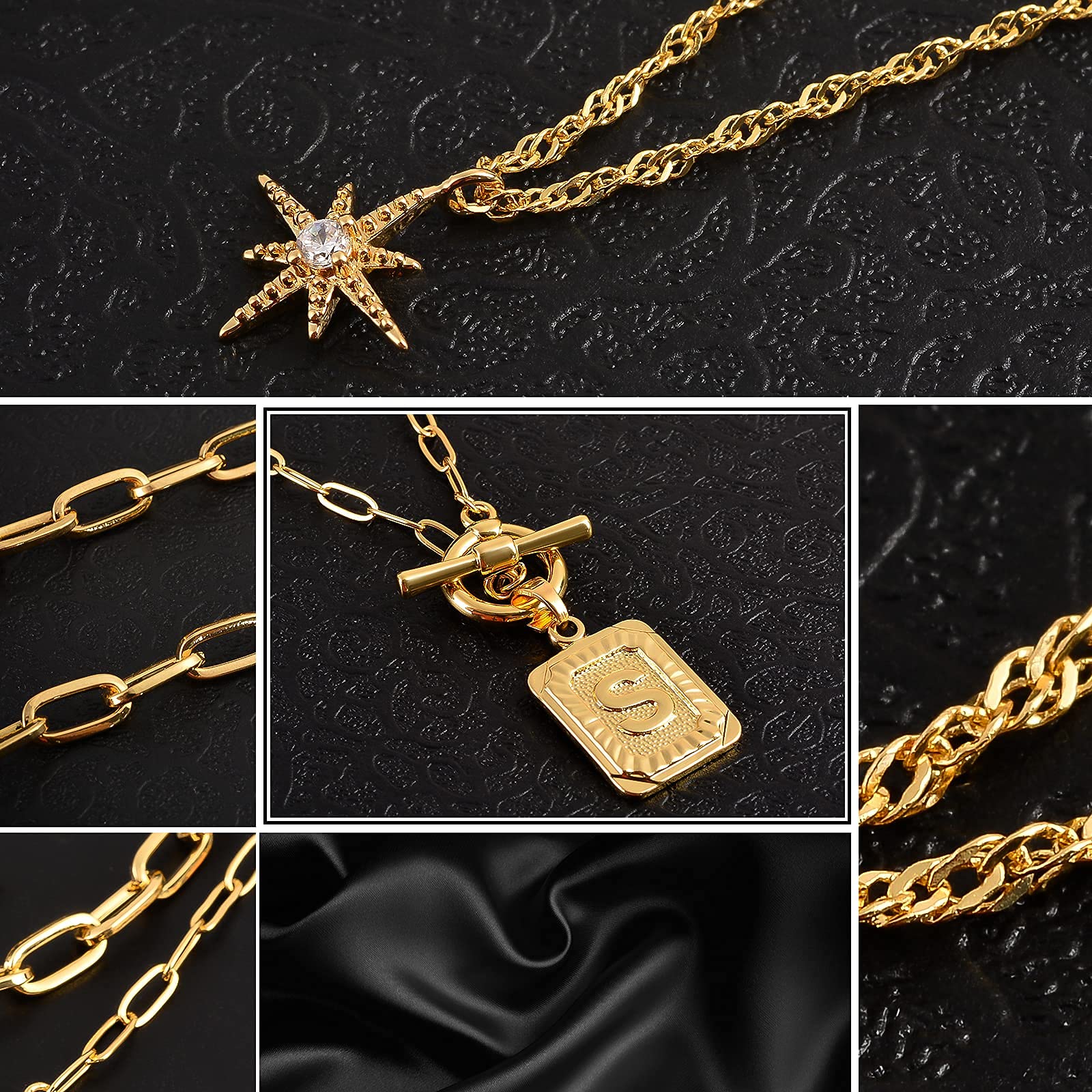 MJartoria 14K Gold Plated Initial Necklace for Women - Trendy Layered Star Choker with Square Letter Pendant & Paperclip Chain - Elegant Gold Jewelry Gift for Her - Perfect for Date Nights, Anniversaries and Birthday Gifts