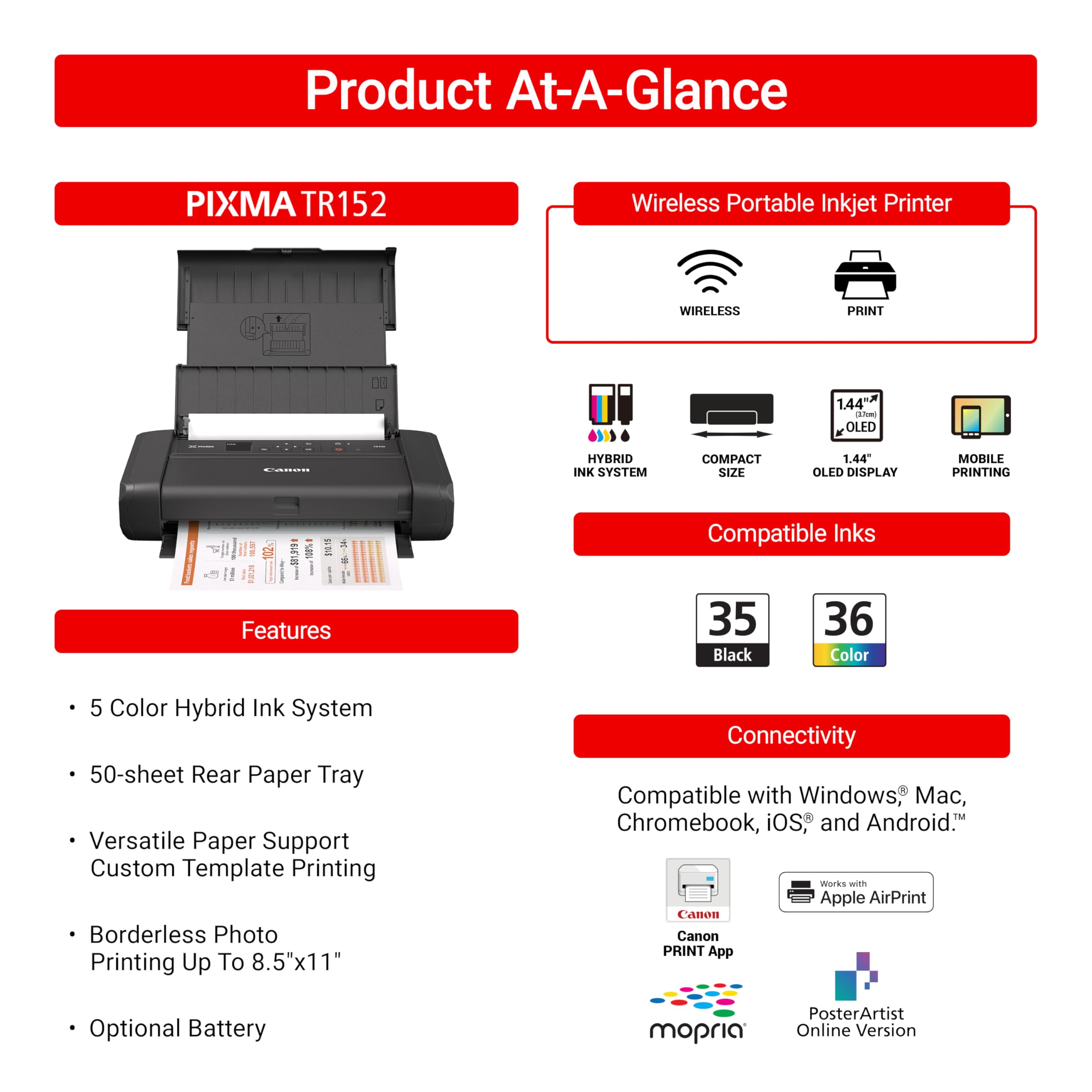 Canon PIXMA TR150 Wireless Portable Printer for Home & Office - Compact Mobile Printing for Travel, Business, and On-the-Go Professionals