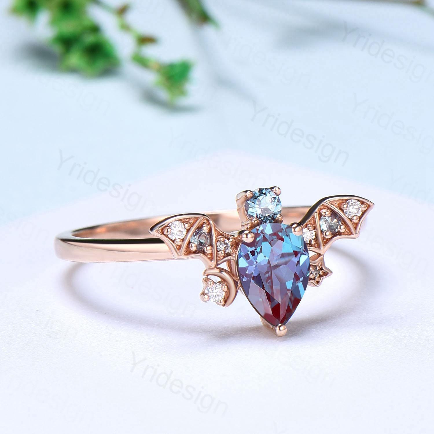 Alexandrite Color Changing Engagement Ring for Women - Magic Crescent Moon Star Cluster Diamond Wedding Band in Rose Gold - Unique Anniversary Gift for Her, Perfect for Proposals, Weddings & Special Occasions