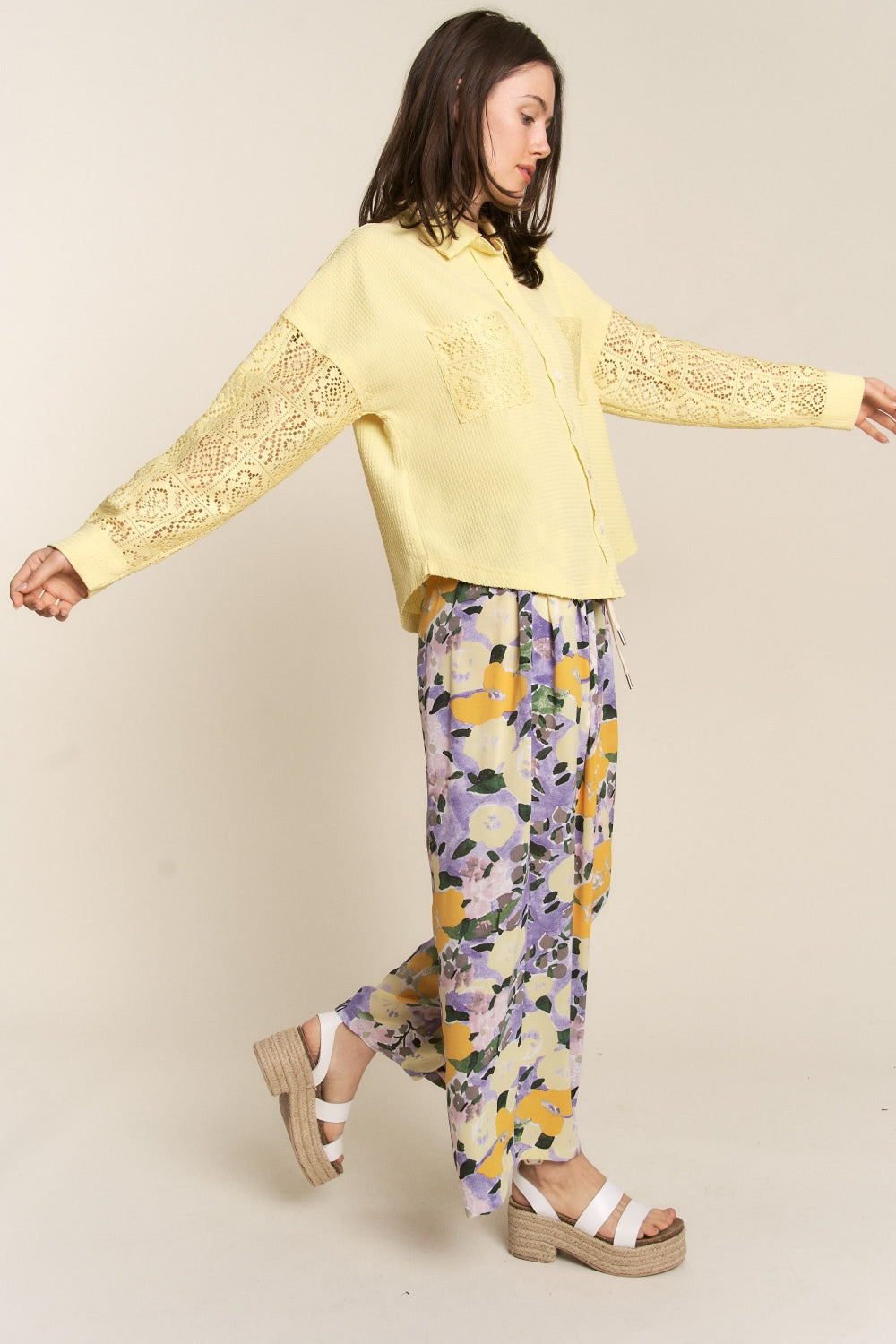 Yellow Lace Button Down Long Sleeve Waffle Shirt for Women - Elegant Blouse for Office, Date Night & Spring Outfits