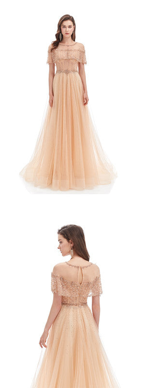 Elegant Champagne A-Line Short Sleeve Long Prom Dress for Women - Perfect for Homecoming, Formal Dances & Special Occasions | Style 12773