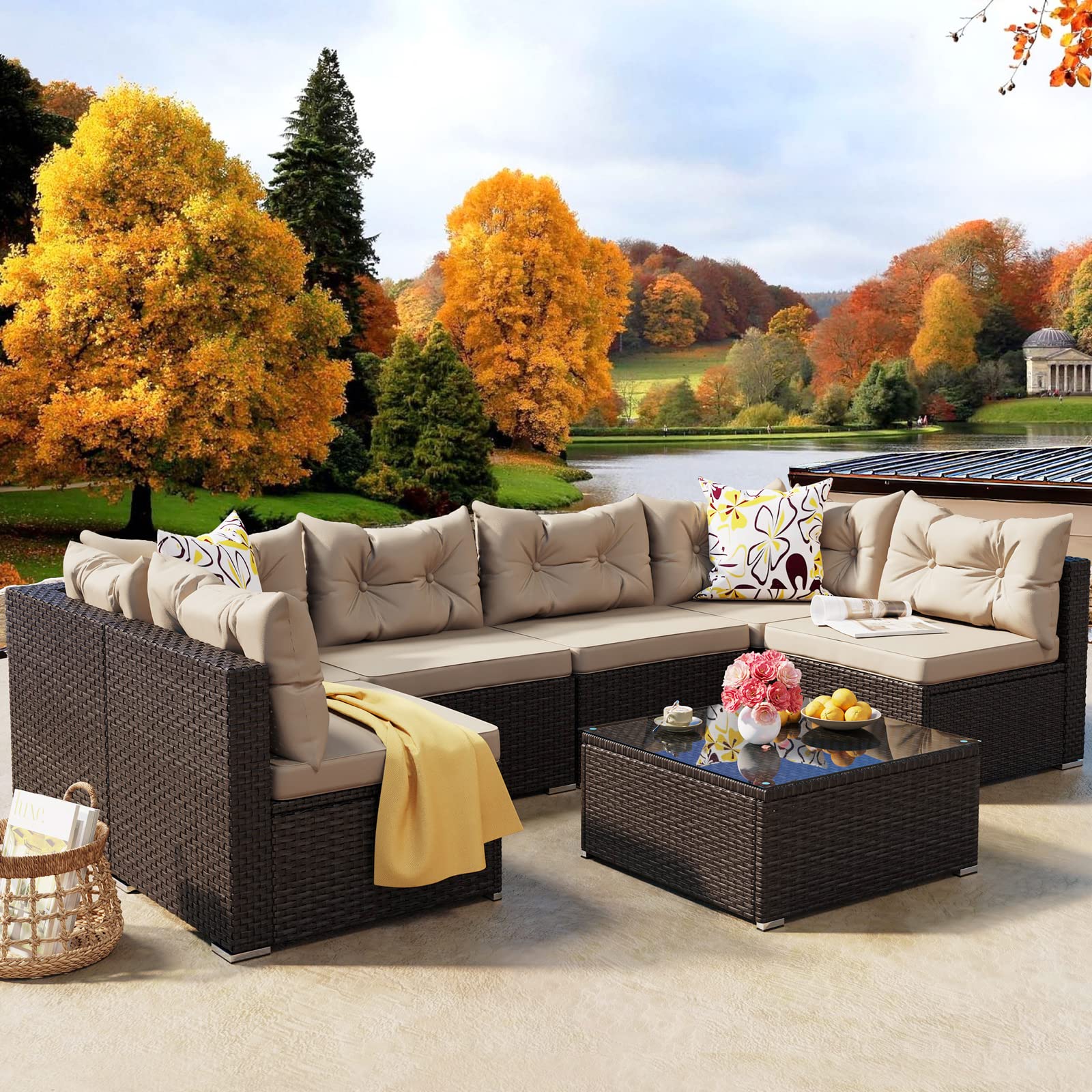 YITAHOME 7-Piece All-Weather PE Rattan Patio Furniture Set, Outdoor Sectional Sofa Conversation Set with Coffee Table & Cushions - Perfect for Porch, Garden, Backyard, and Poolside Relaxation