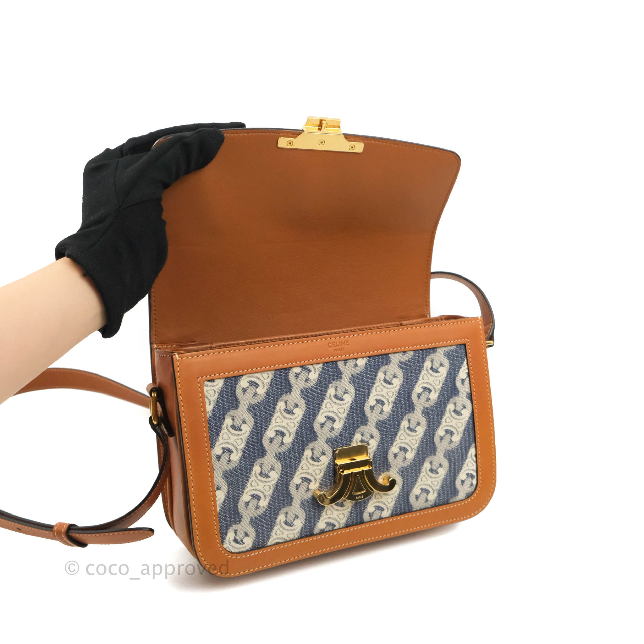 Celine Medium Triomphe Bag in Jacquard Canvas & Tan Calfskin with Chain Strap - Luxury Crossbody Purse for Women, Perfect for Work, Date Night & Travel