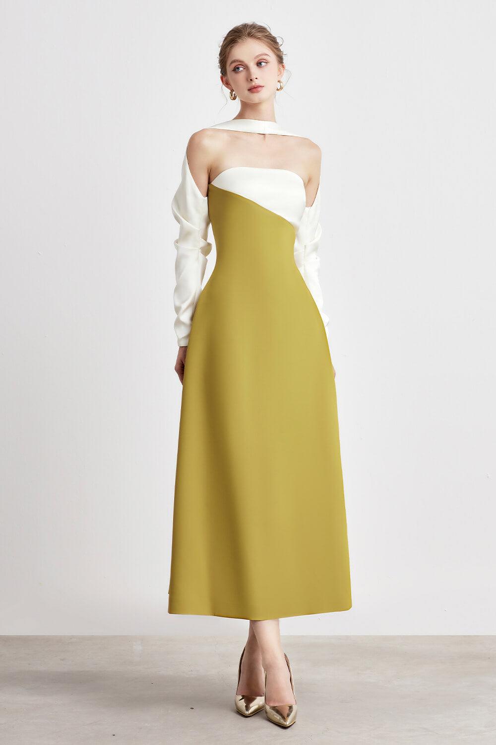 Elegant A-Line Long Sleeve Silk Taffeta Midi Dress for Women - Perfect for Weddings, Parties & Formal Occasions