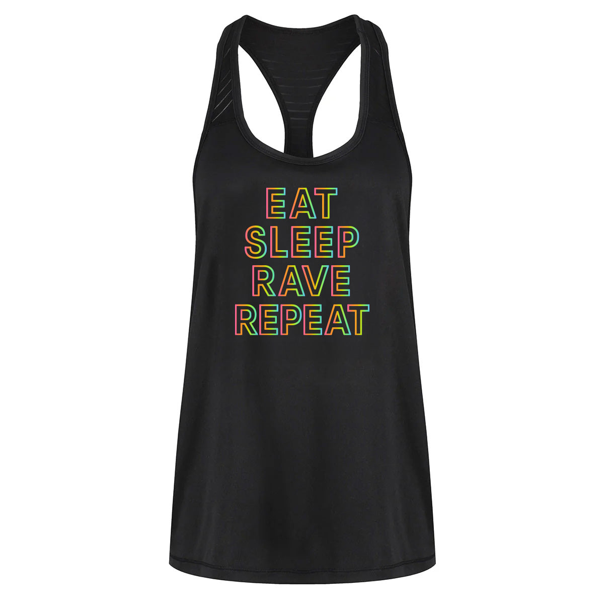 Eat Sleep Rave Repeat Mesh Racerback Tank Top - Women's Workout & Festival Fashion - Perfect for Gym, Raves & Summer Parties