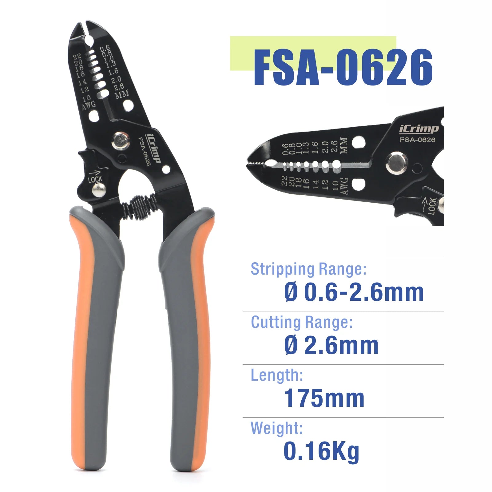 FSA 0626 Automatic Wire Stripper for 0.6-2.6mm (AWG 22-10) Cables with Rebound Spring - Perfect for Electrical Work, DIY Projects, and Home Repairs