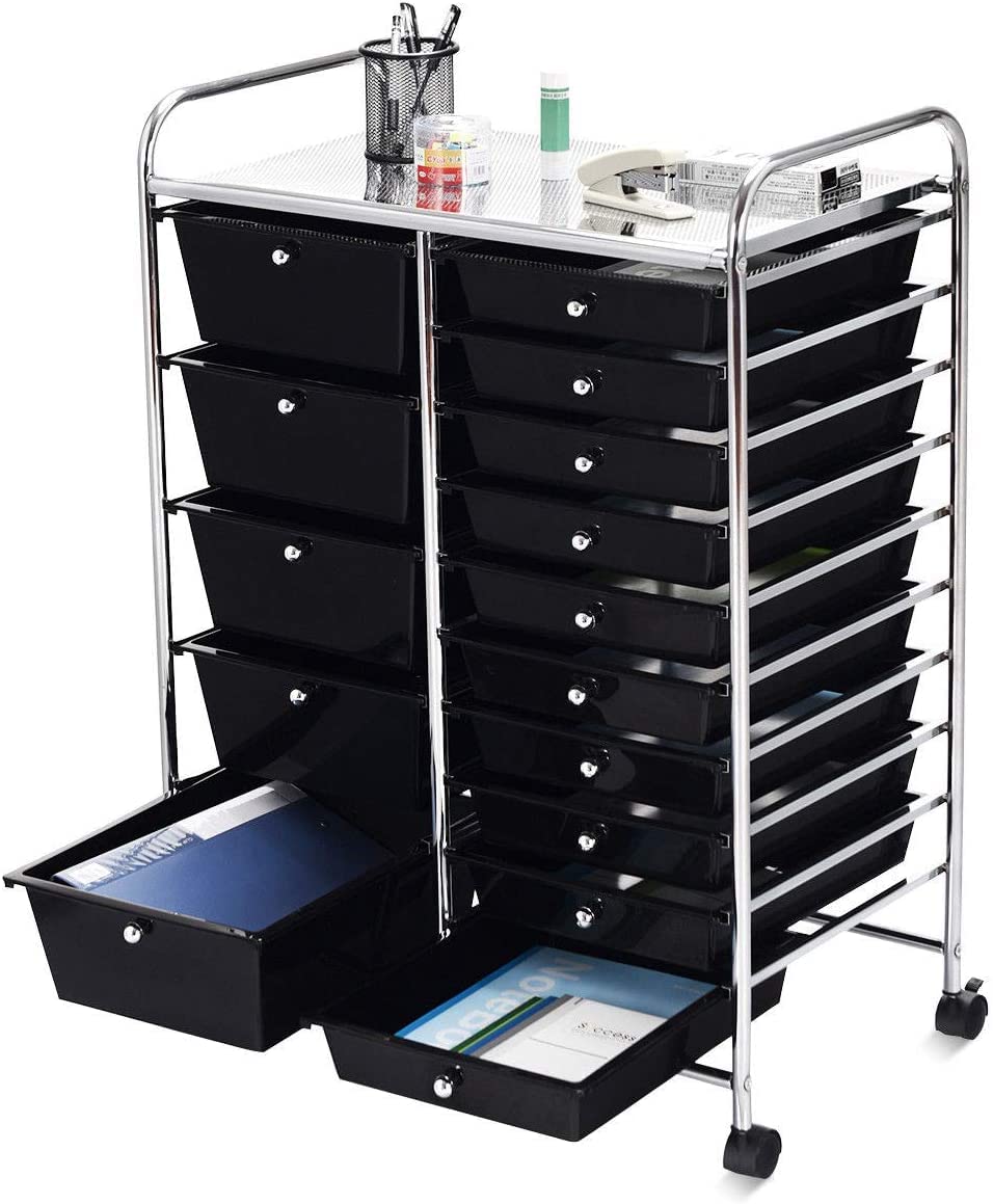 15-Drawer Rolling Storage Cart with Lockable Wheels - Mobile Utility Organizer for Home, Office & School - Perfect for Craft Rooms, Garages & Classrooms - Black