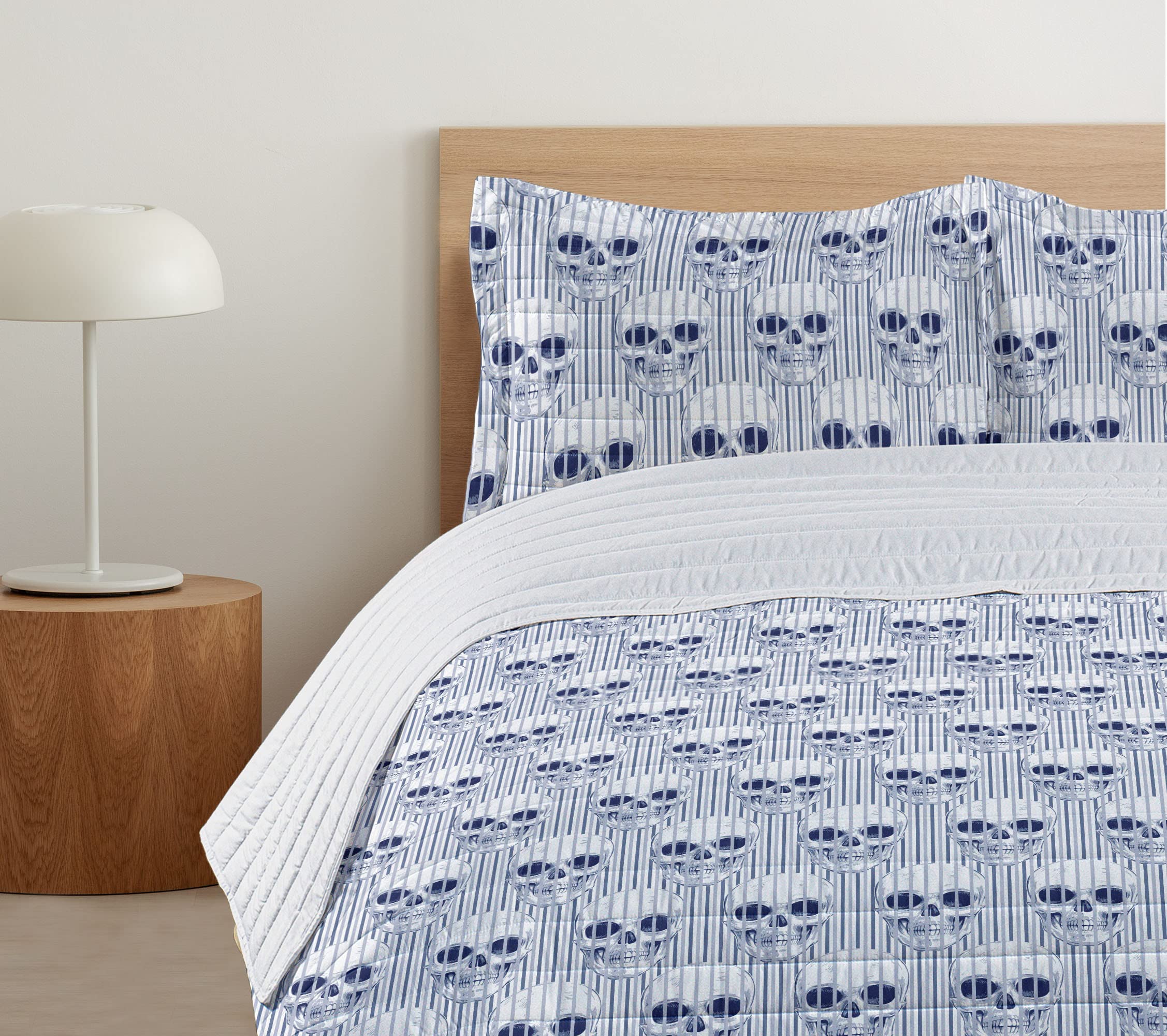 Ambesonne Skull Microfiber Bedspread Set - Queen Size Navy Blue & White Skull Print Bedding with Pillow Shams & Comforter - Geometric Pattern Optical Illusion Design - Soft Luxury Bedroom Decor for Gothic, Halloween or Modern Home Theme