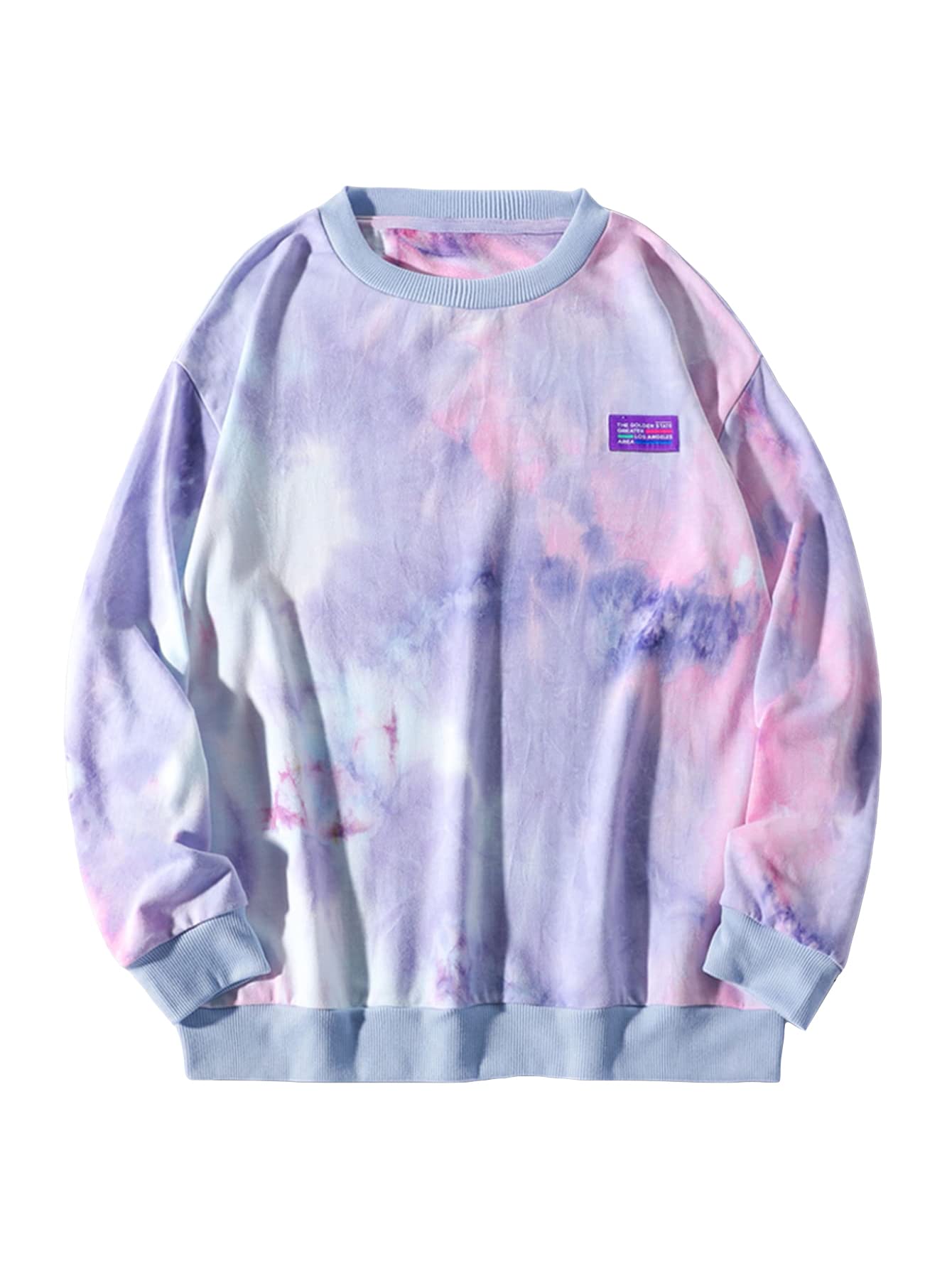 GORGLITTER Men's Tie Dye Letter Patched Crewneck Sweatshirt | Drop Shoulder Long Sleeve Pullover | Casual Streetwear for Men | Perfect for Parties, Concerts & Everyday Wear