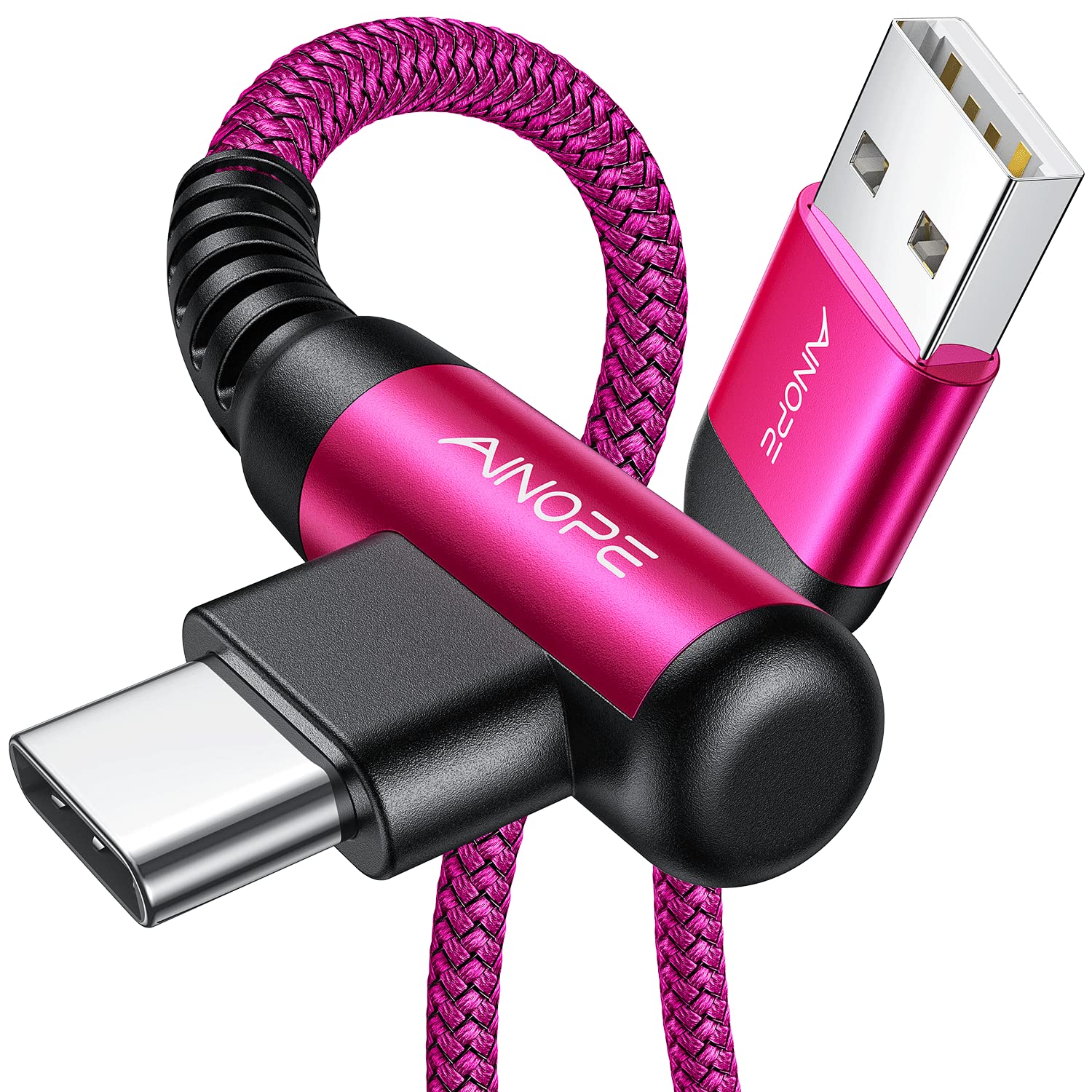 AINOPE 2 Pack 6.6ft USB C Fast Charging Cables (3.1A, Right Angle, Nylon Braided) - Compatible with Samsung S10/S20, Huawei P10/P30, Google Pixel 3/4, Sony Xperia, LG G8 - Perfect for Home, Office & Travel Charging